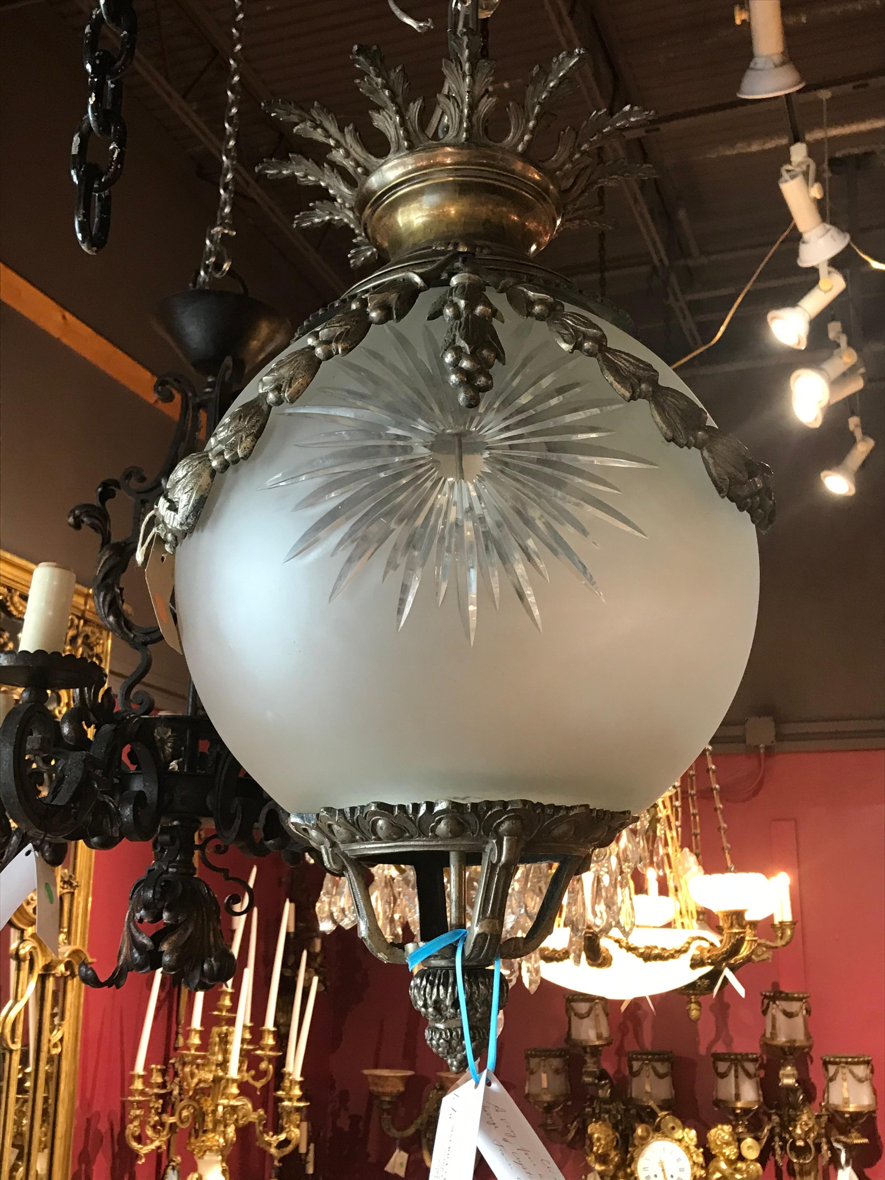 A very fine bronze lantern with frosted and cut crystal globe,
France, circa 1930. 2 lights
Dimensions: Height 24