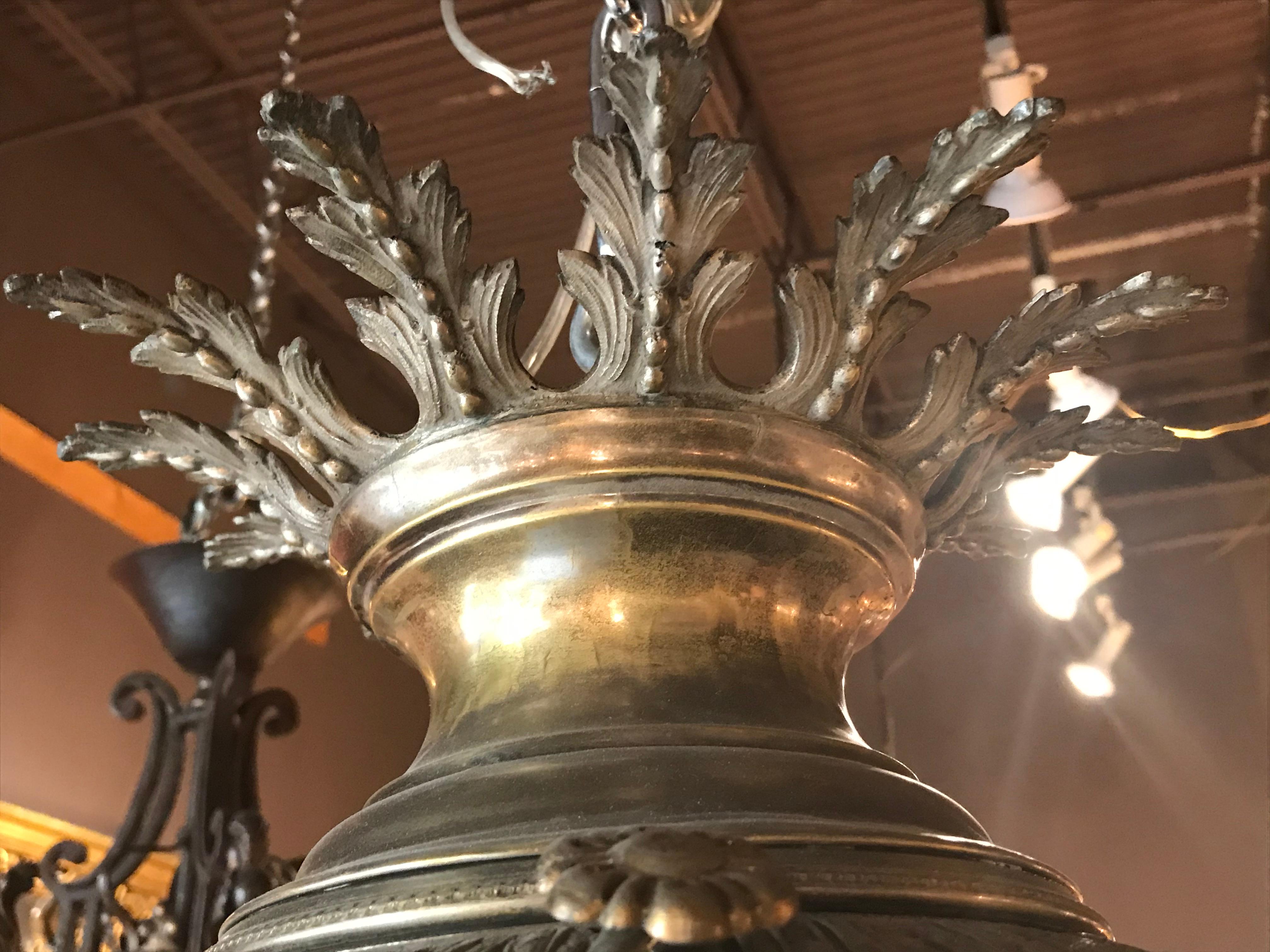 Mid-20th Century Very Fine Bronze Lantern with Frosted and Cut Crystal Globe For Sale