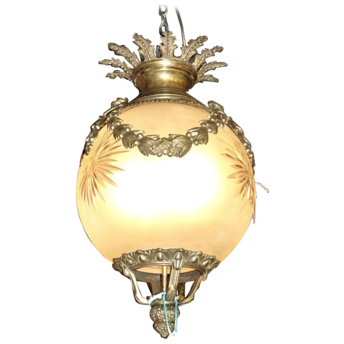 Very Fine Bronze Lantern with Frosted and Cut Crystal Globe For Sale