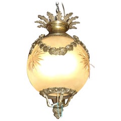 Vintage Very Fine Bronze Lantern with Frosted and Cut Crystal Globe