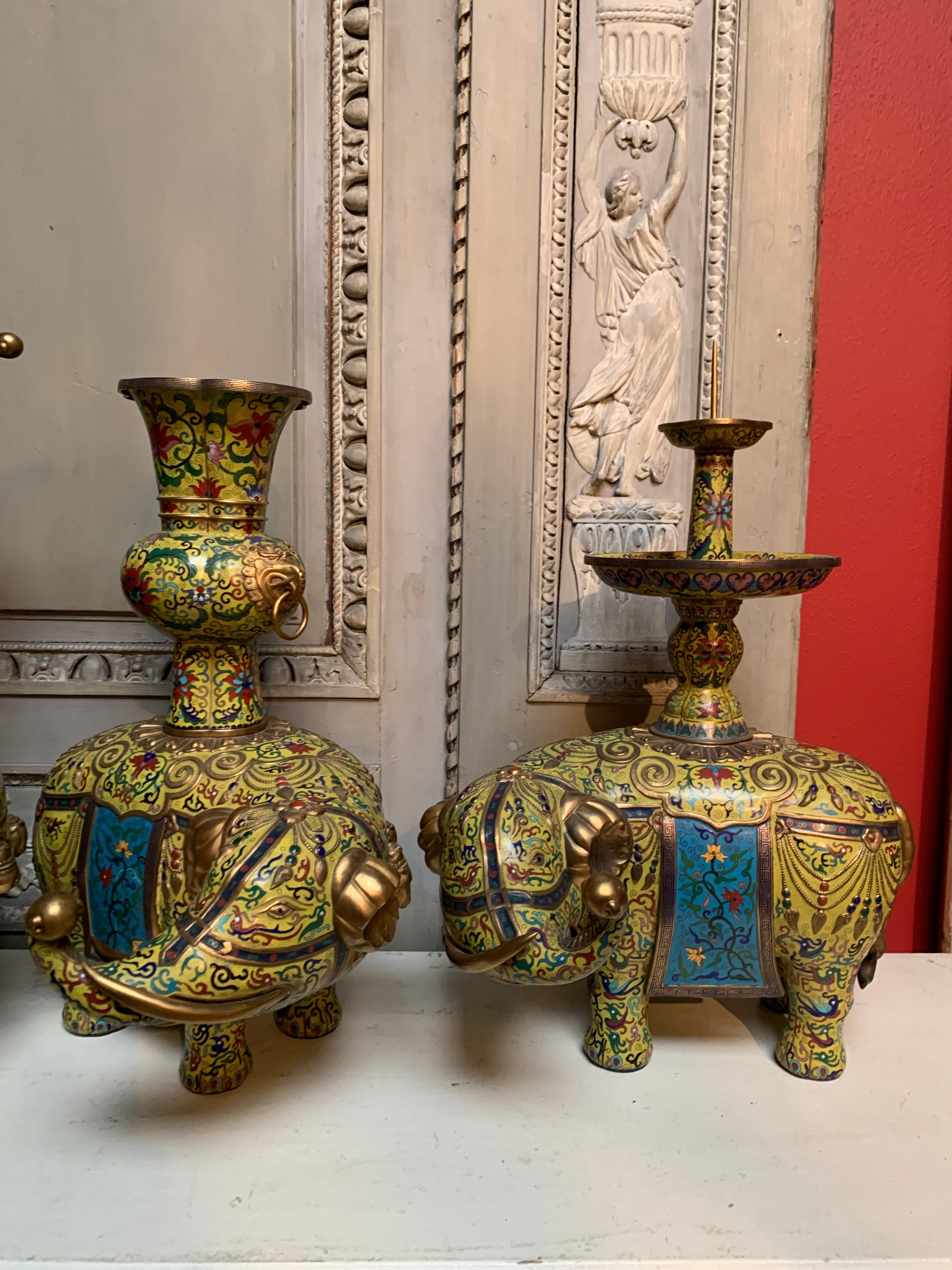 Cast Five Piece Elephant Chinese Yellow and Blue Cloisonne and Gilt Bronze Alter Set