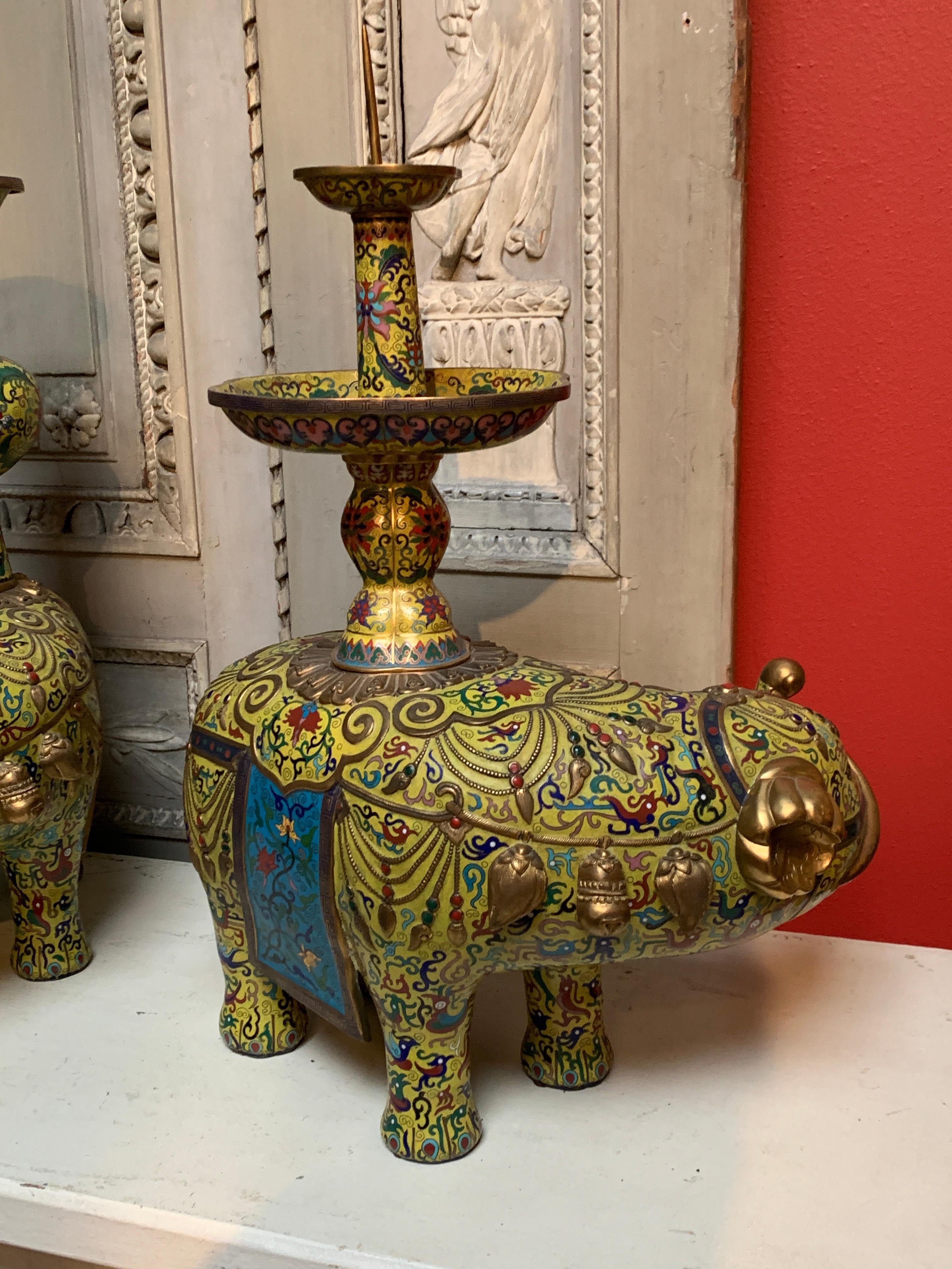20th Century Five Piece Elephant Chinese Yellow and Blue Cloisonne and Gilt Bronze Alter Set