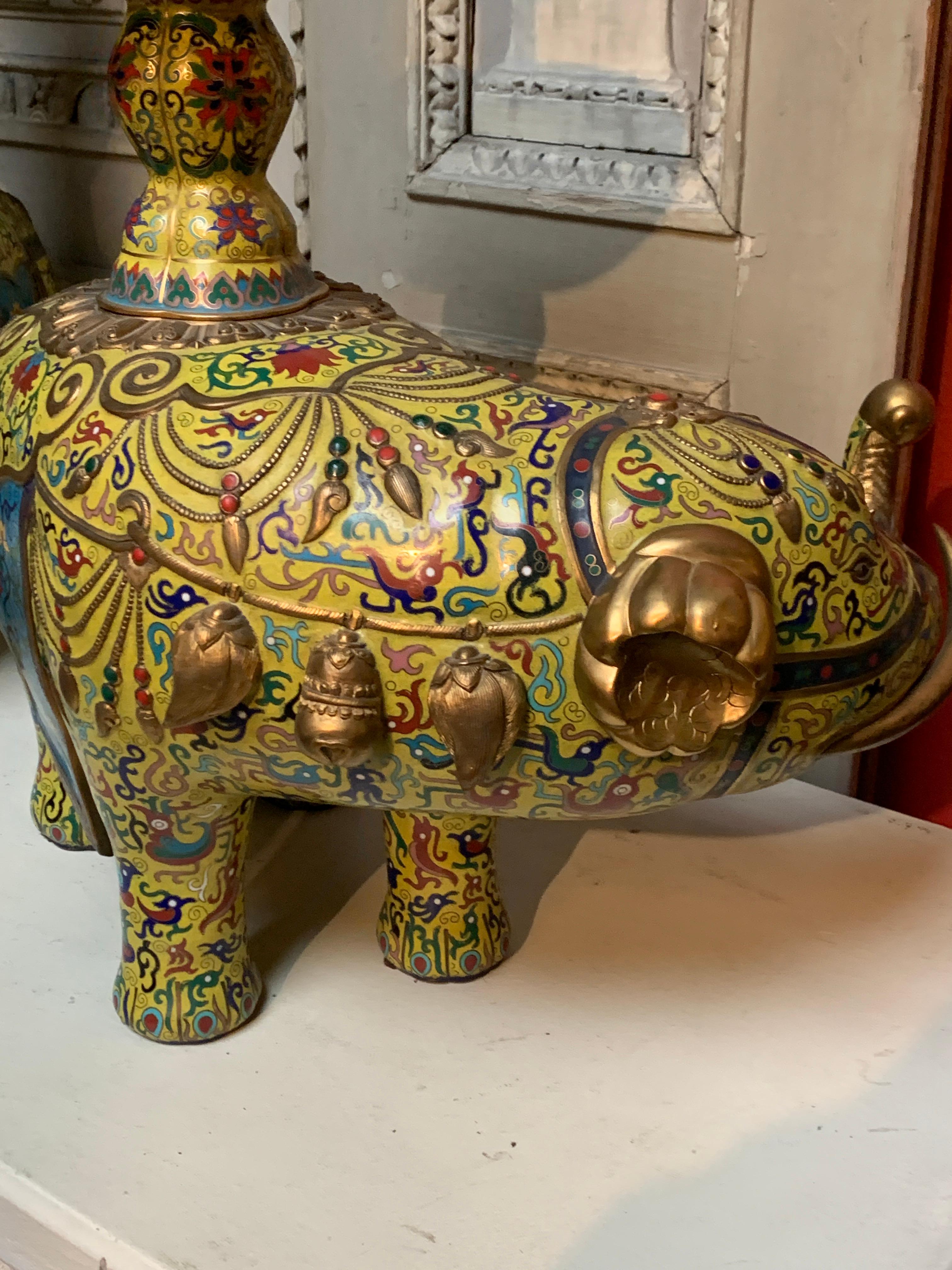 Five Piece Elephant Chinese Yellow and Blue Cloisonne and Gilt Bronze Alter Set 1
