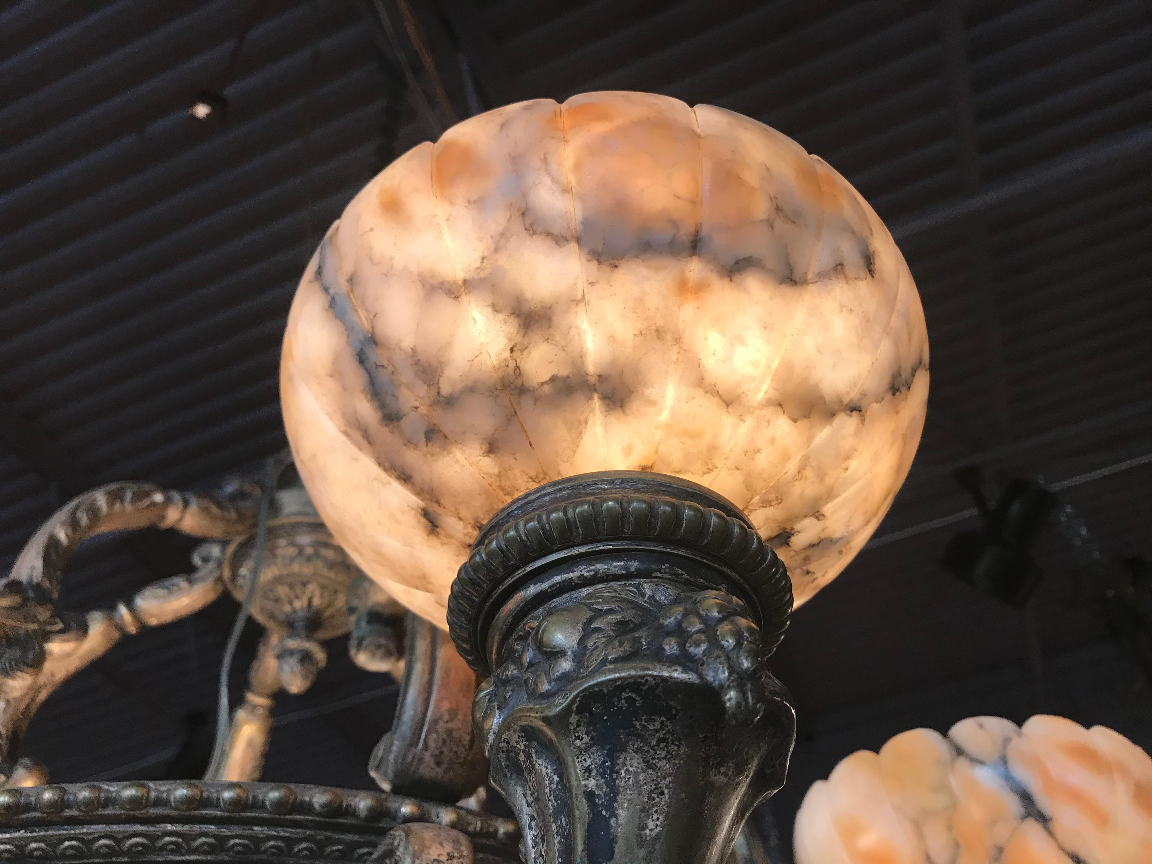 Very Fine and Decorative Bronze Chandelier with Alabaster Dome and Shades In Good Condition In Atlanta, GA