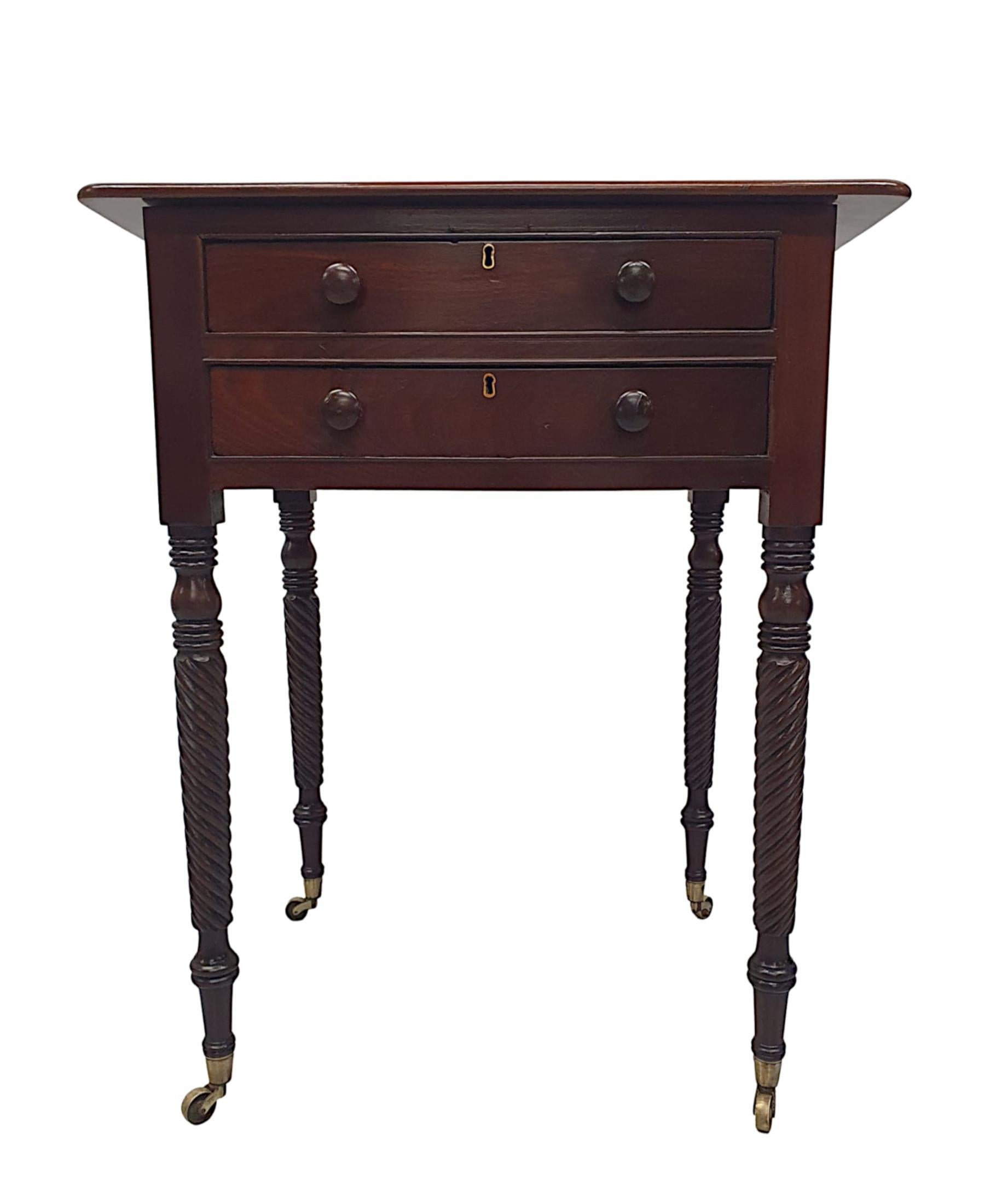 A very fine early 19th Century Irish Regency mahogany occasional table, of fabulous quality and beautifully hand carved with rich patination and grain. The brass hinged, moulded top of rectangular form lifts upwards to reveal a storage compartment,