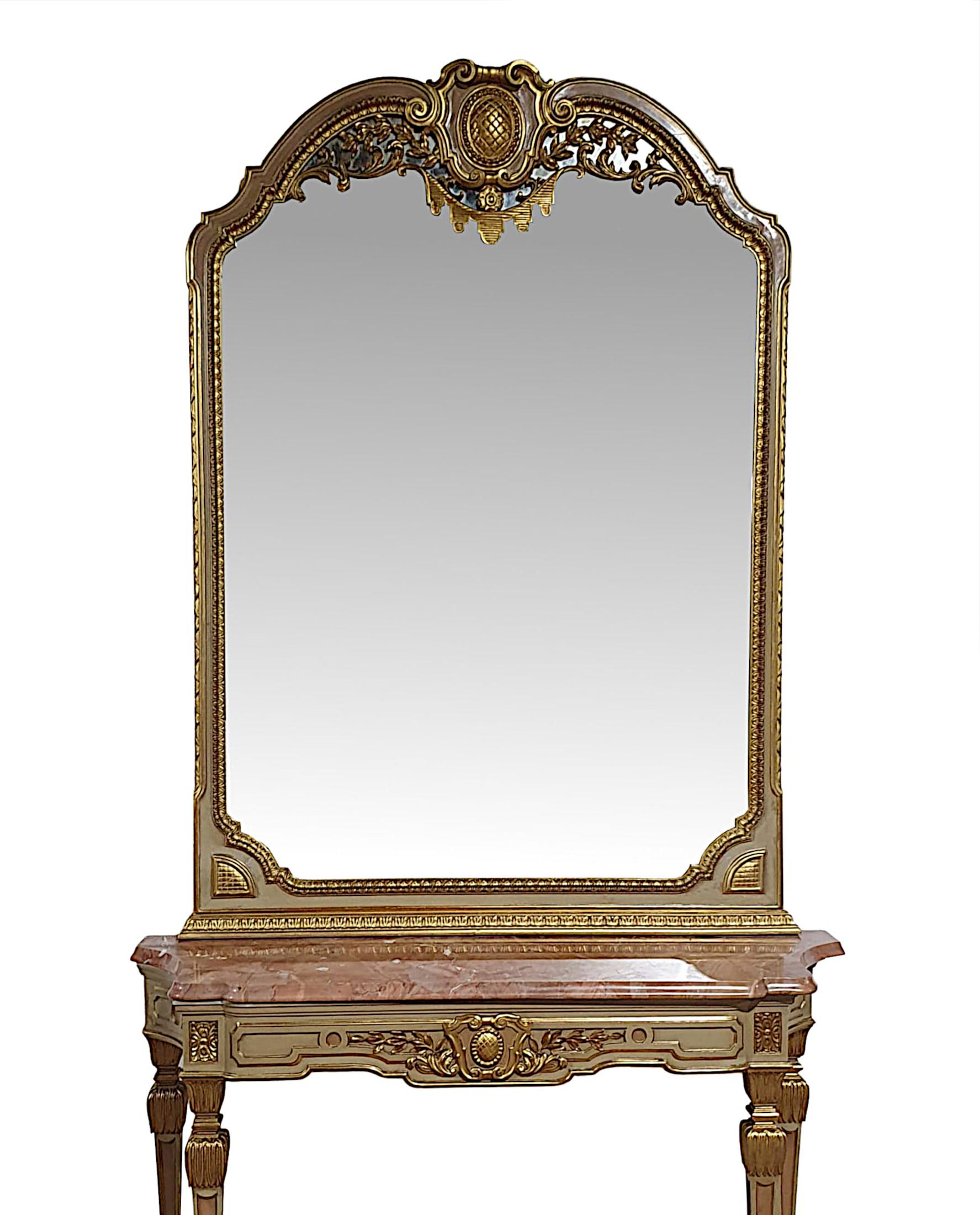French Very Fine Early 20th Century  Parcel Gilt Marble Top Console Table and Mirror For Sale