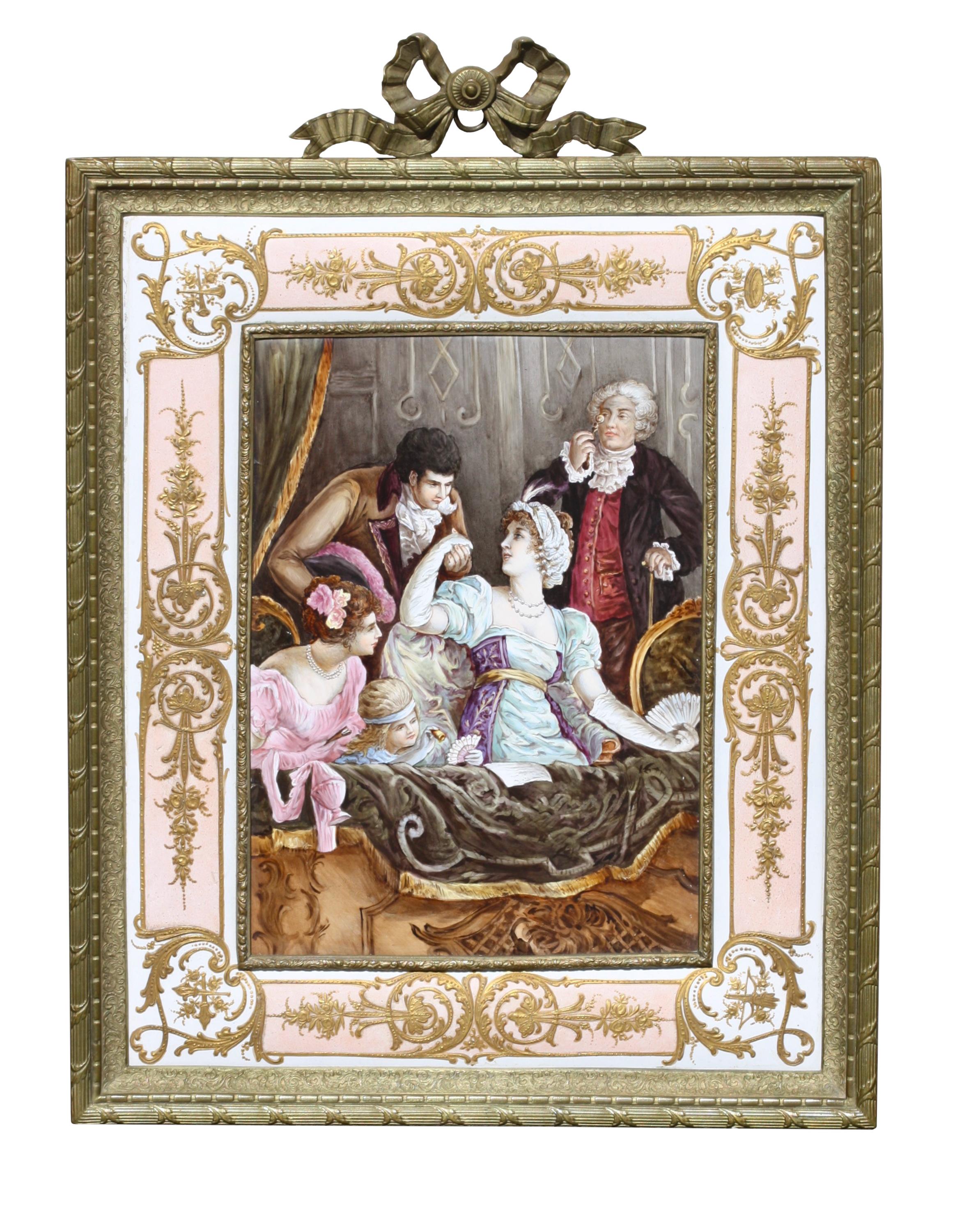 A very fine French parcel-gilt enamel plaque within ormolu frame
Late 19th-early 20th century
The rectangular plaque depicting a family seated at a theatre balcony, within a pink and white-ground surround decorated with scrolling branches and