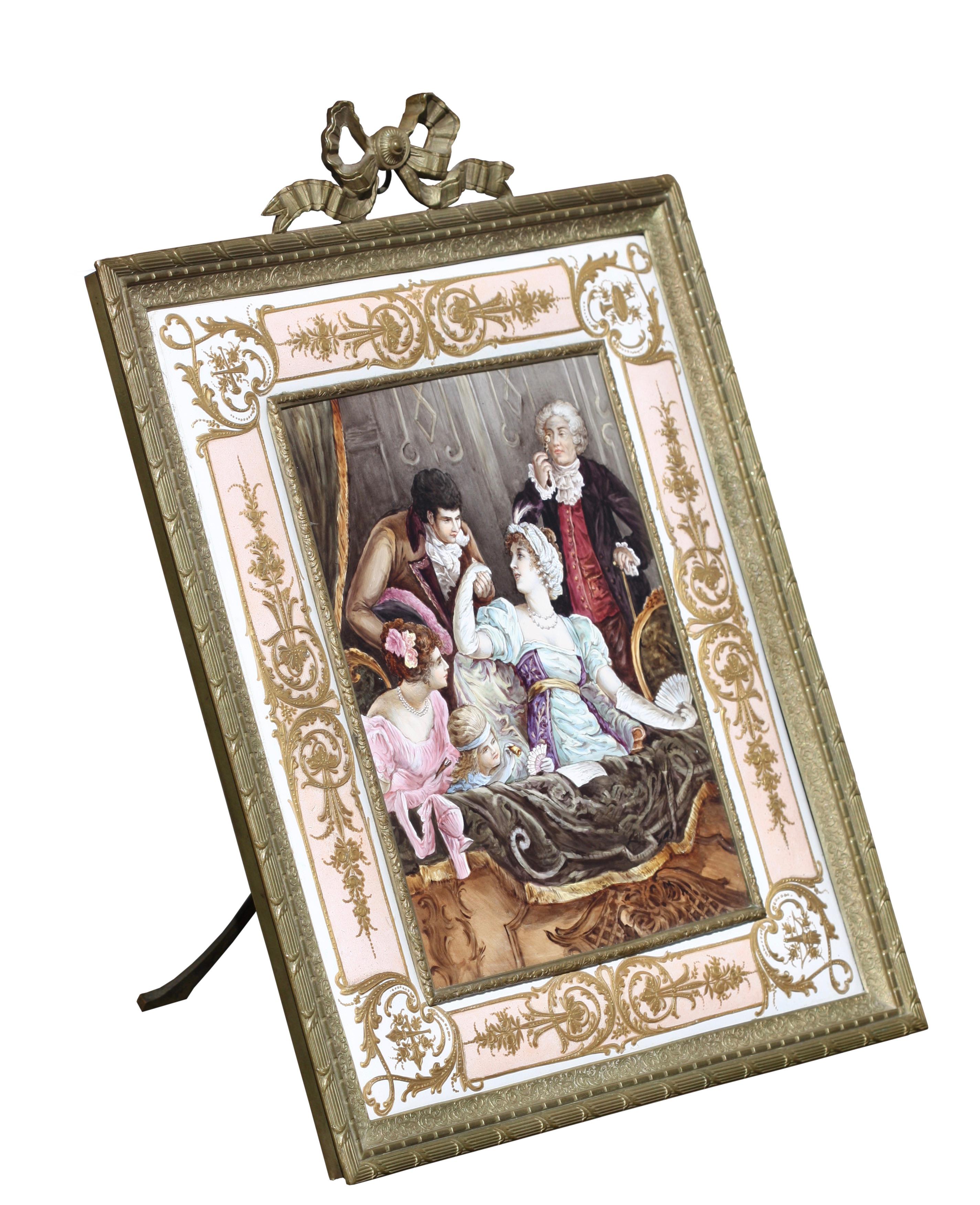 Very Fine French Parcel-Gilt Enamel Plaque within Ormolu Frame In Good Condition For Sale In West Palm Beach, FL
