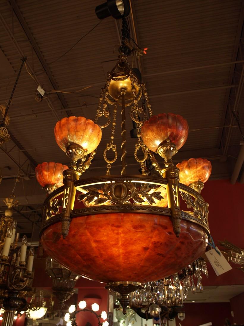A very fine gilt bronze and alabaster chandelier, France, circa 1920. 11-light
Dimensions: Height 55