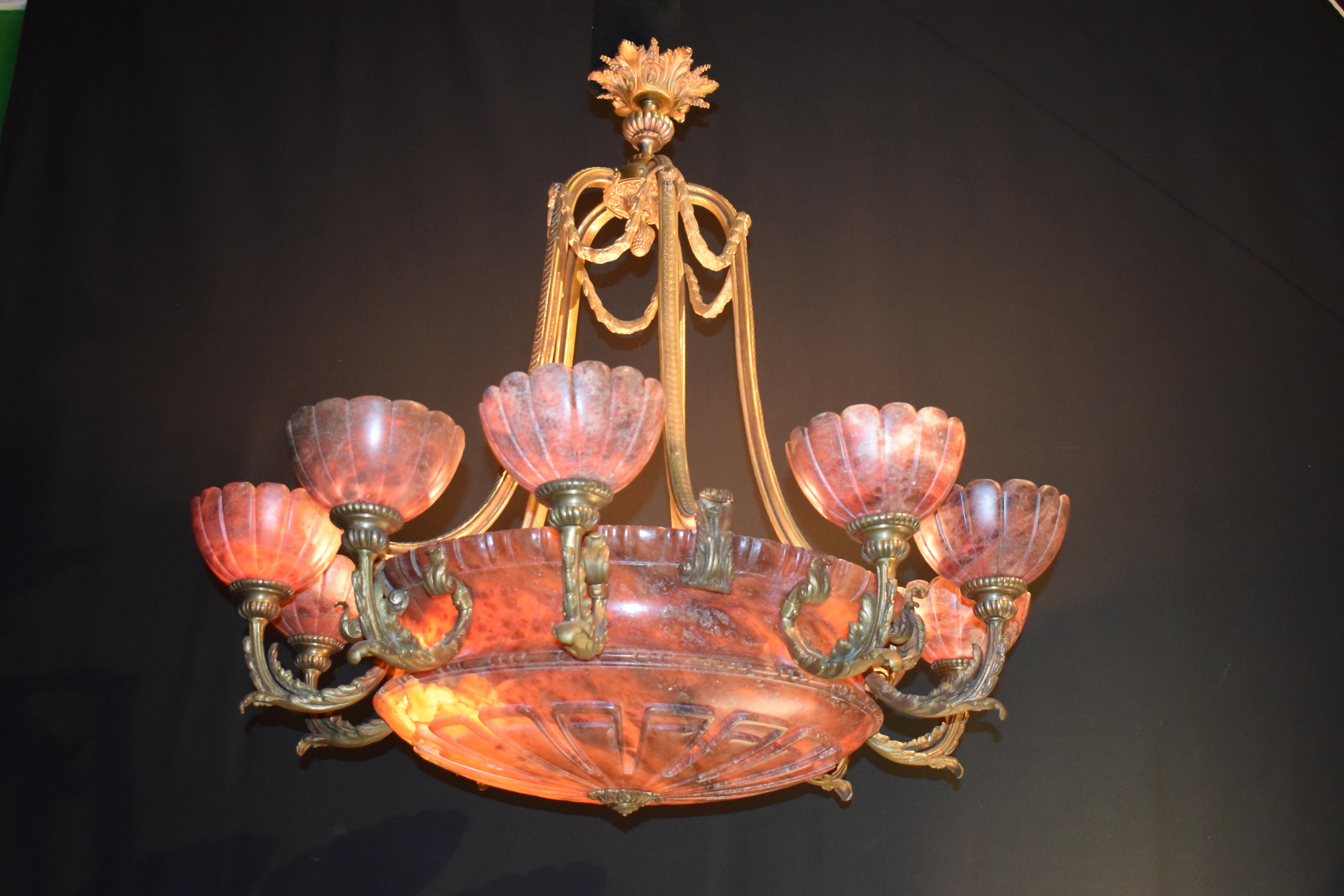 French A Very Fine Gilt Bronze & Alabaster Chandelier For Sale