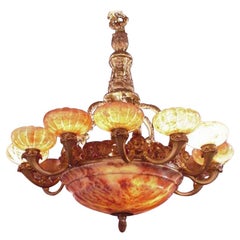 Vintage Very Fine Gilt Bronze & Alabaster Chandelier