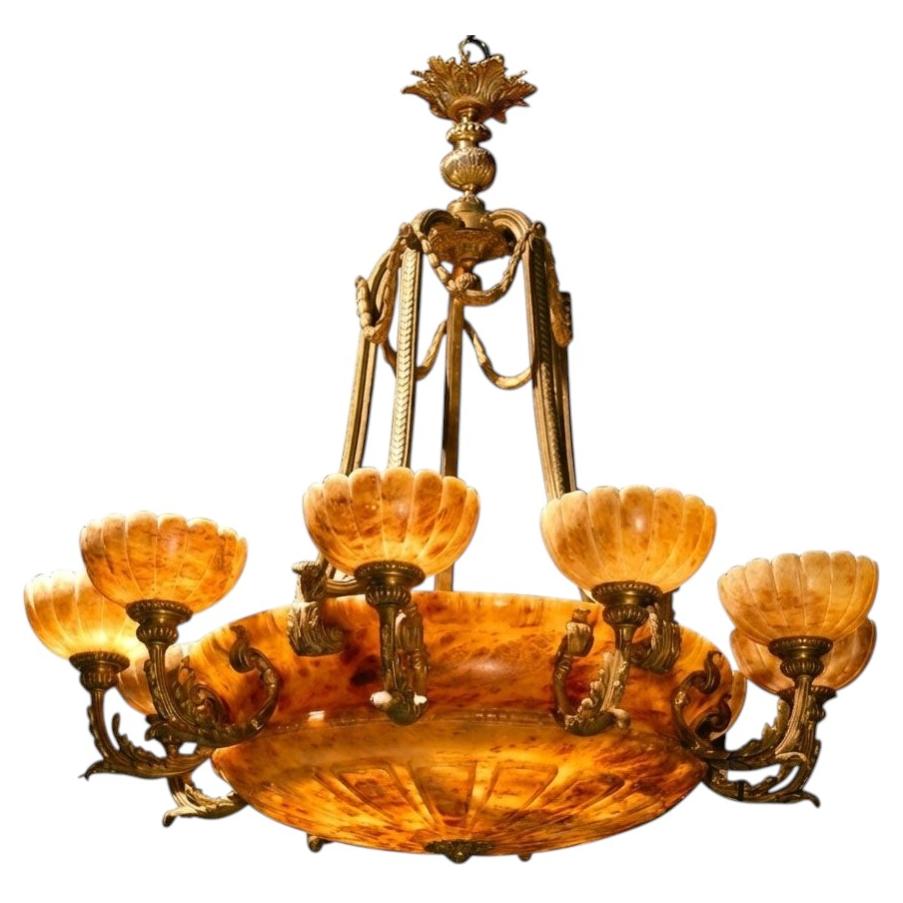 A Very Fine Gilt Bronze & Alabaster Chandelier For Sale