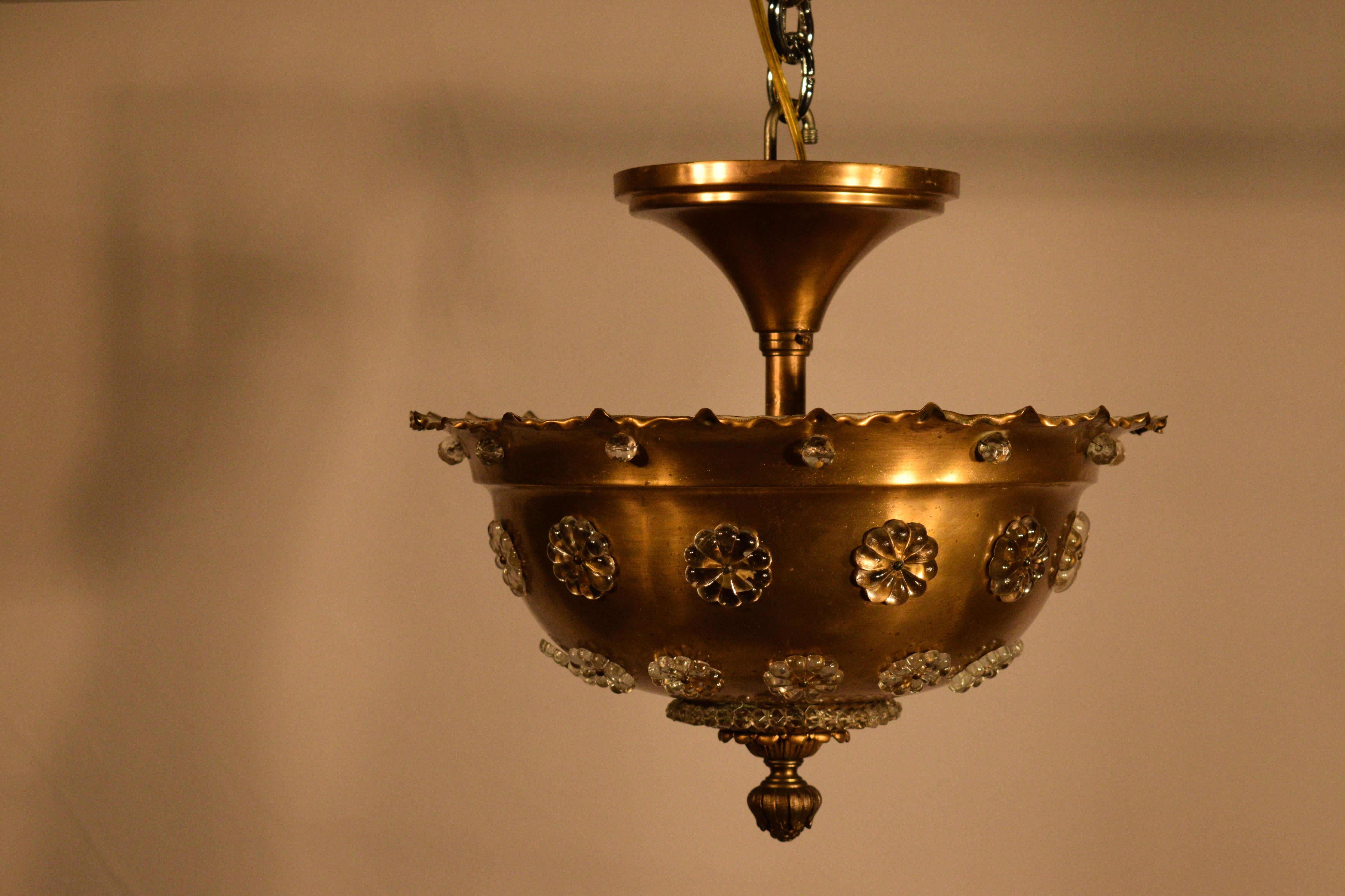Mid-20th Century Very Fine Gilt Bronze and Crystal Plafonnier by Jensen For Sale