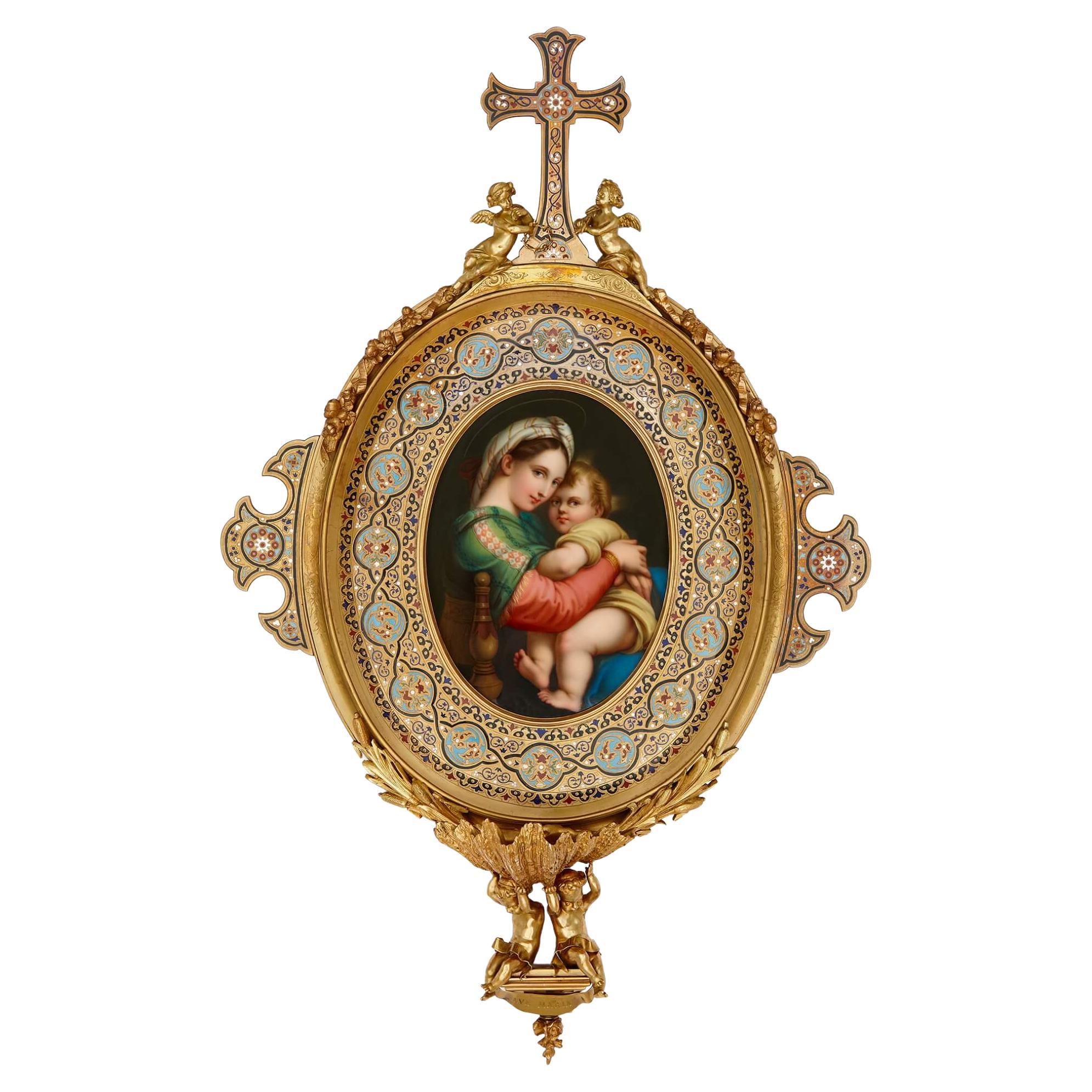 Very Fine Gilt Bronze, Cloisonné Enamel and Porcelain Holy Water Stoup