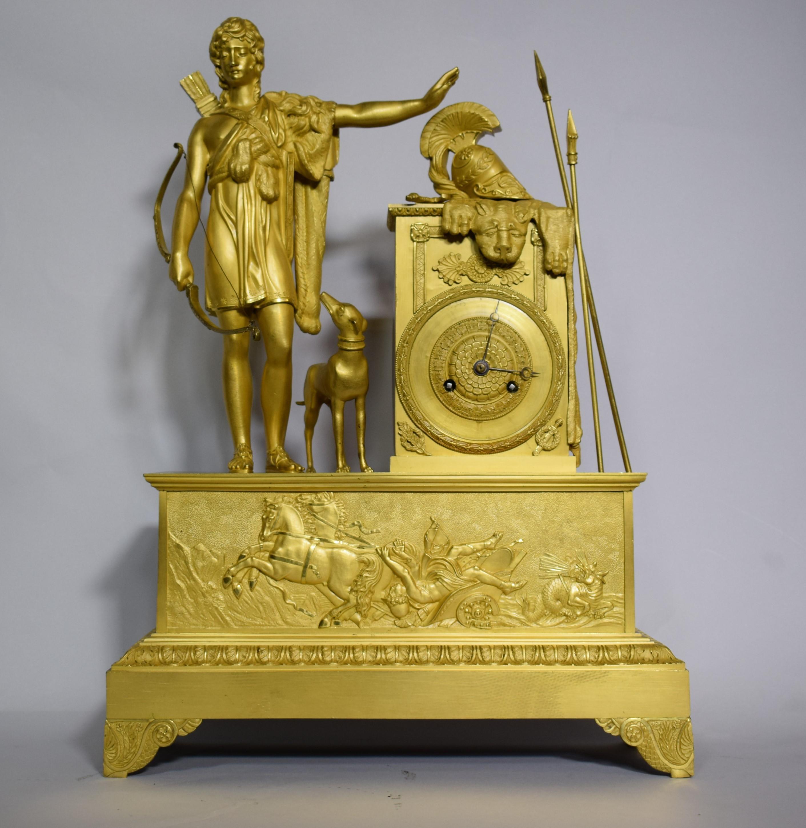 French Very Fine Gilt Bronze Neoclassical Empire Mantle Clock For Sale