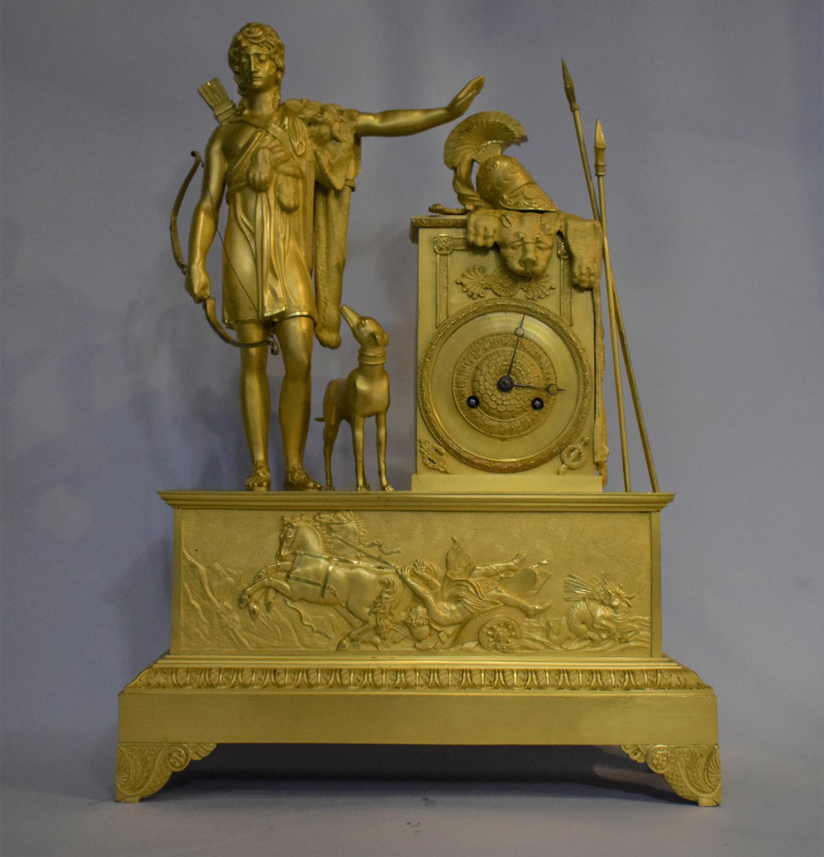 French Very Fine Gilt Bronze Neoclassical Empire Mantle Clock For Sale