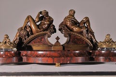 Très bel encrier en bronze doré et marbre rouge griotte