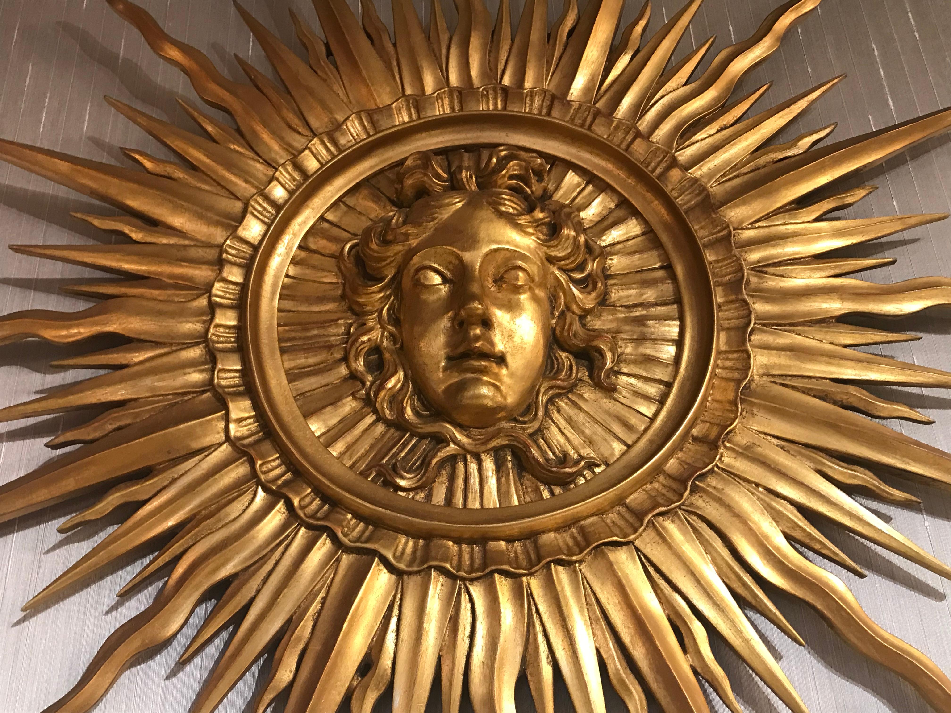Late 20th Century Very Fine Giltwood Sunburst Ornament Depicting the Head of Apollo