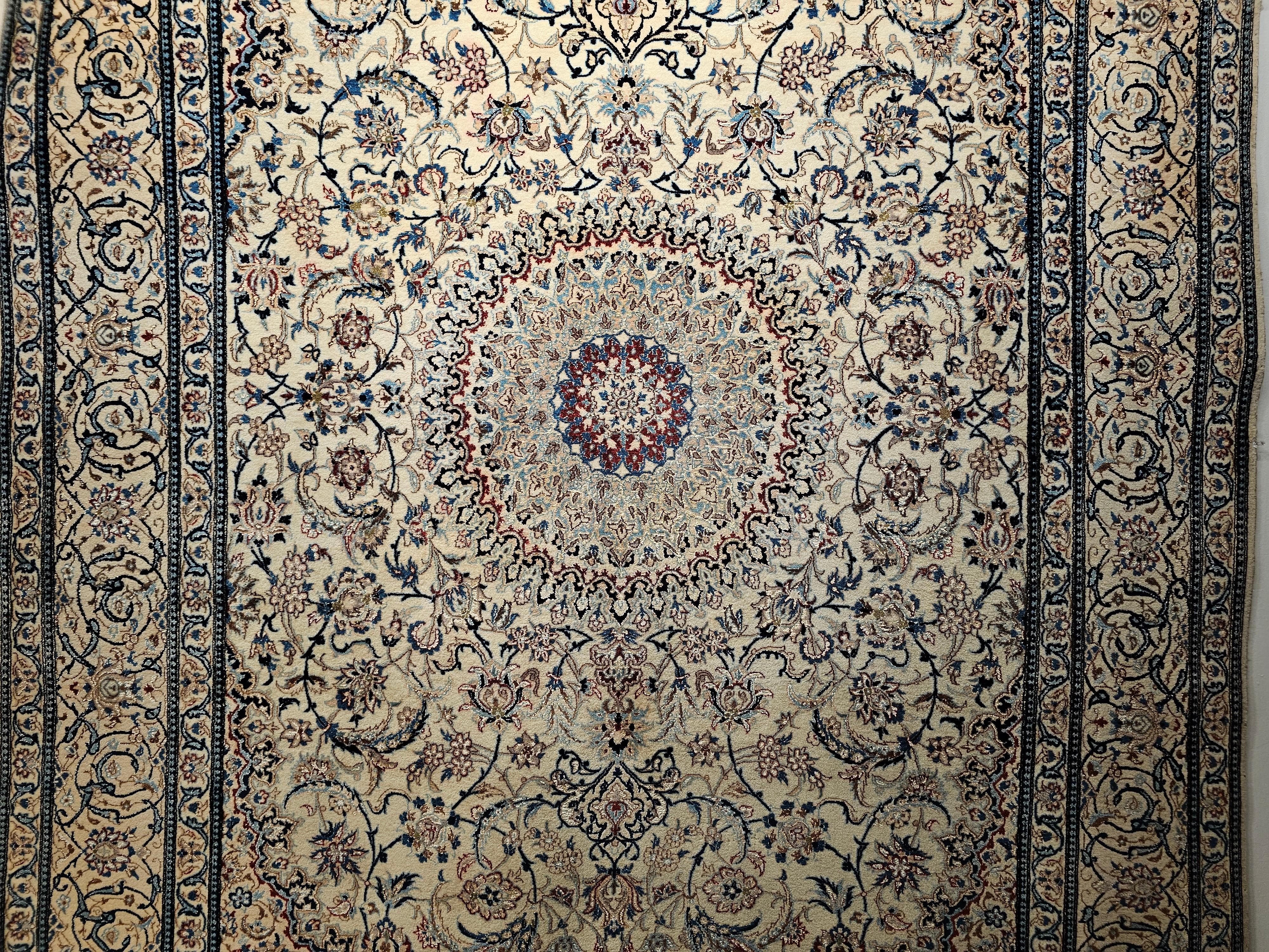 Mid-20th Century Vintage Persian Nain Habibian in Floral Pattern in Ivory, Pale Blue, Pale Green For Sale