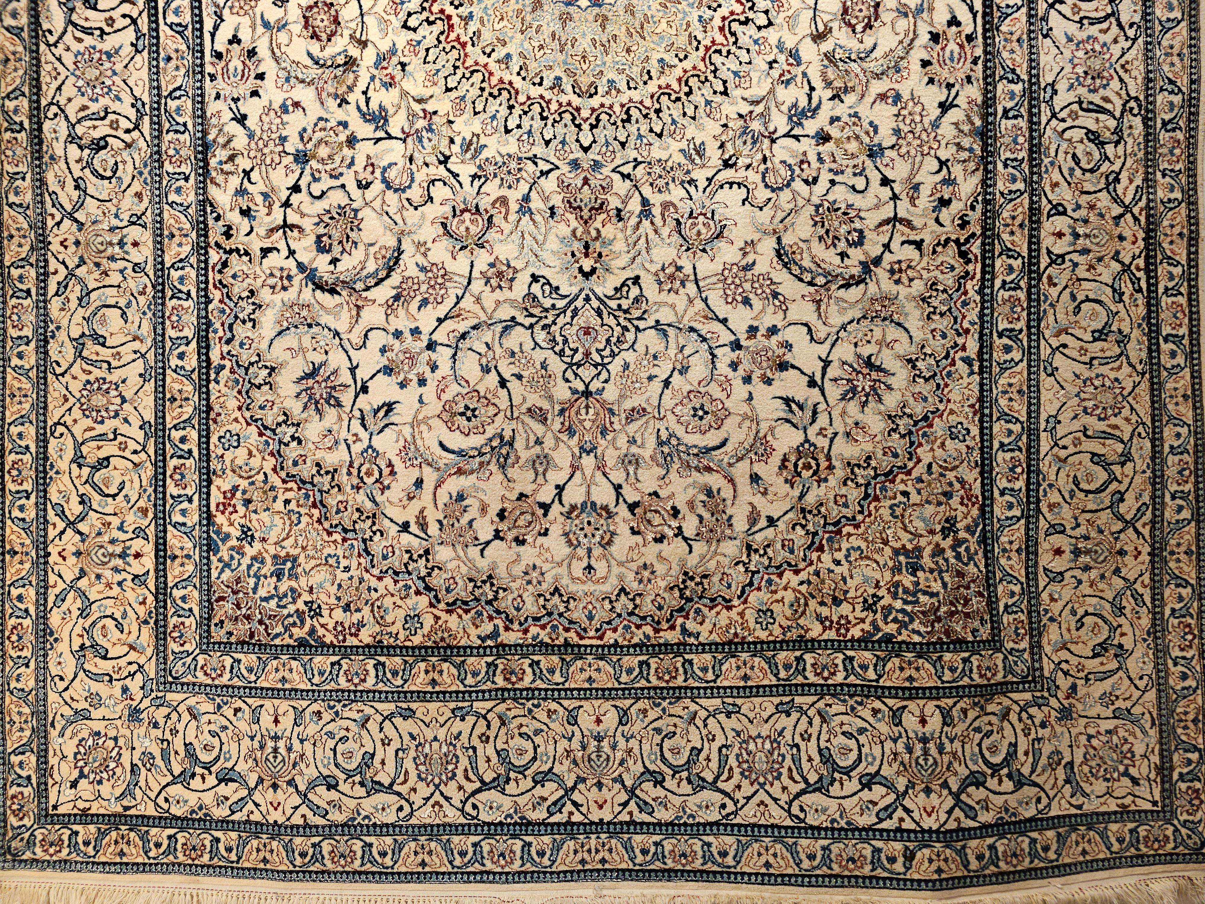 Wool Vintage Persian Nain Habibian in Floral Pattern in Ivory, Pale Blue, Pale Green For Sale