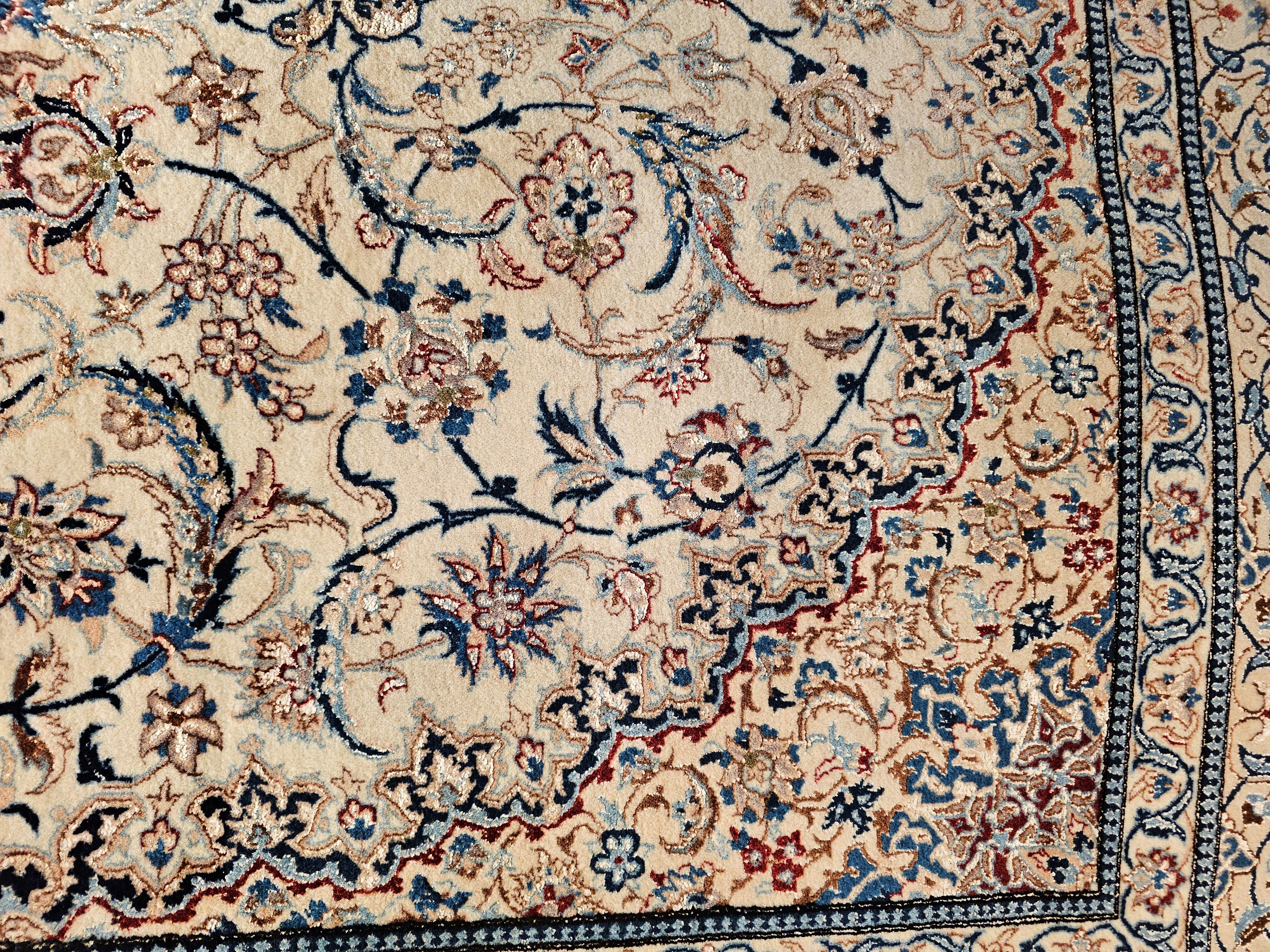 Vintage Persian Nain Habibian in Floral Pattern in Ivory, Pale Blue, Pale Green For Sale 3