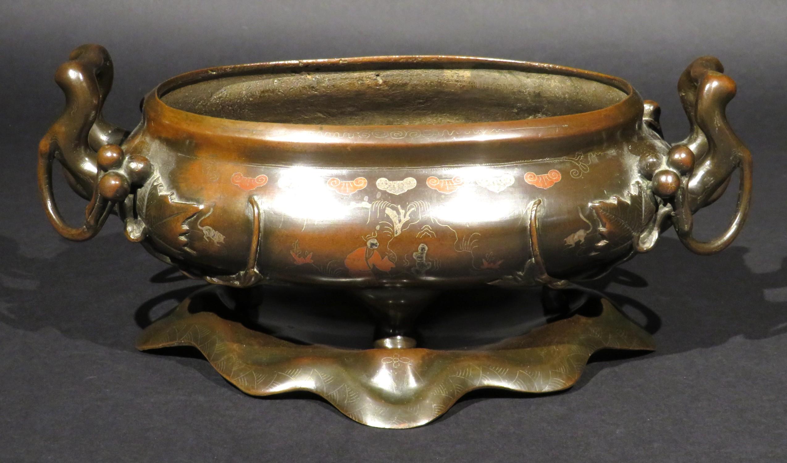 Cast A Very Fine Japanese Mixed Metal Bronze Suiban / Planter on Stand, Taisho Period For Sale