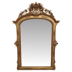Très beau grand miroir de hall ou trumeau en bois doré du 19e siècle