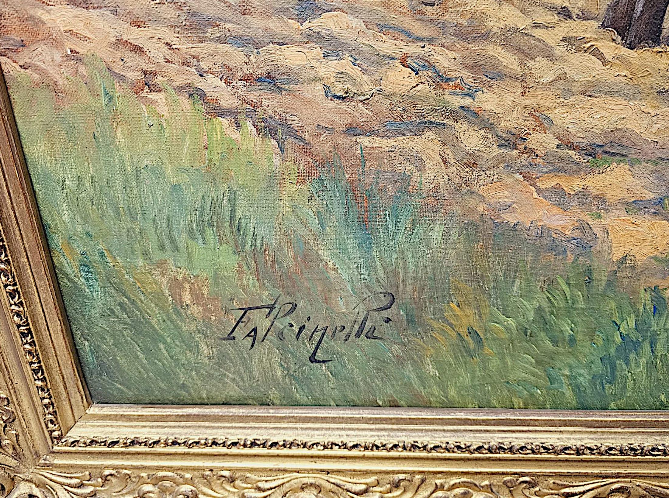 A very fine early 20th Century oil on canvas painting depicting a figural pastoral scene featuring a farmer with his horses and plough within an exquisitely detailed countryside landscape with haystacks, luscious trees and a stunning skyline. 