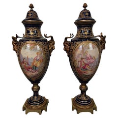 Very Fine Large Pair of 19th Century Hand Painted Lidded Urns