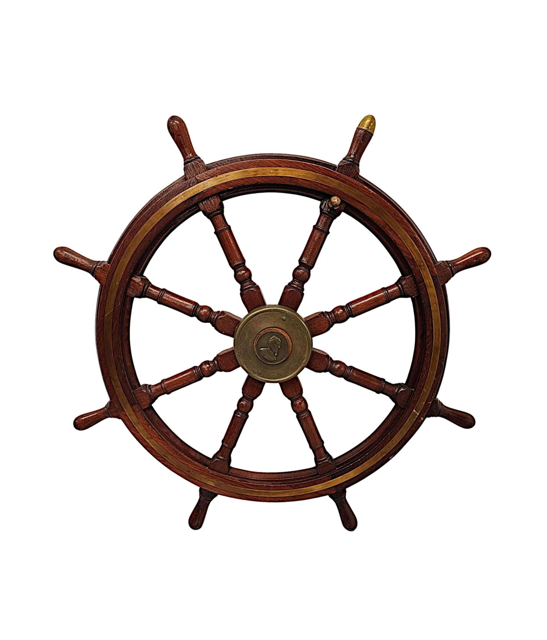  A Very Fine Large Size 19th Century Teak and Brass Ships Wheel  In Good Condition For Sale In Dublin, IE