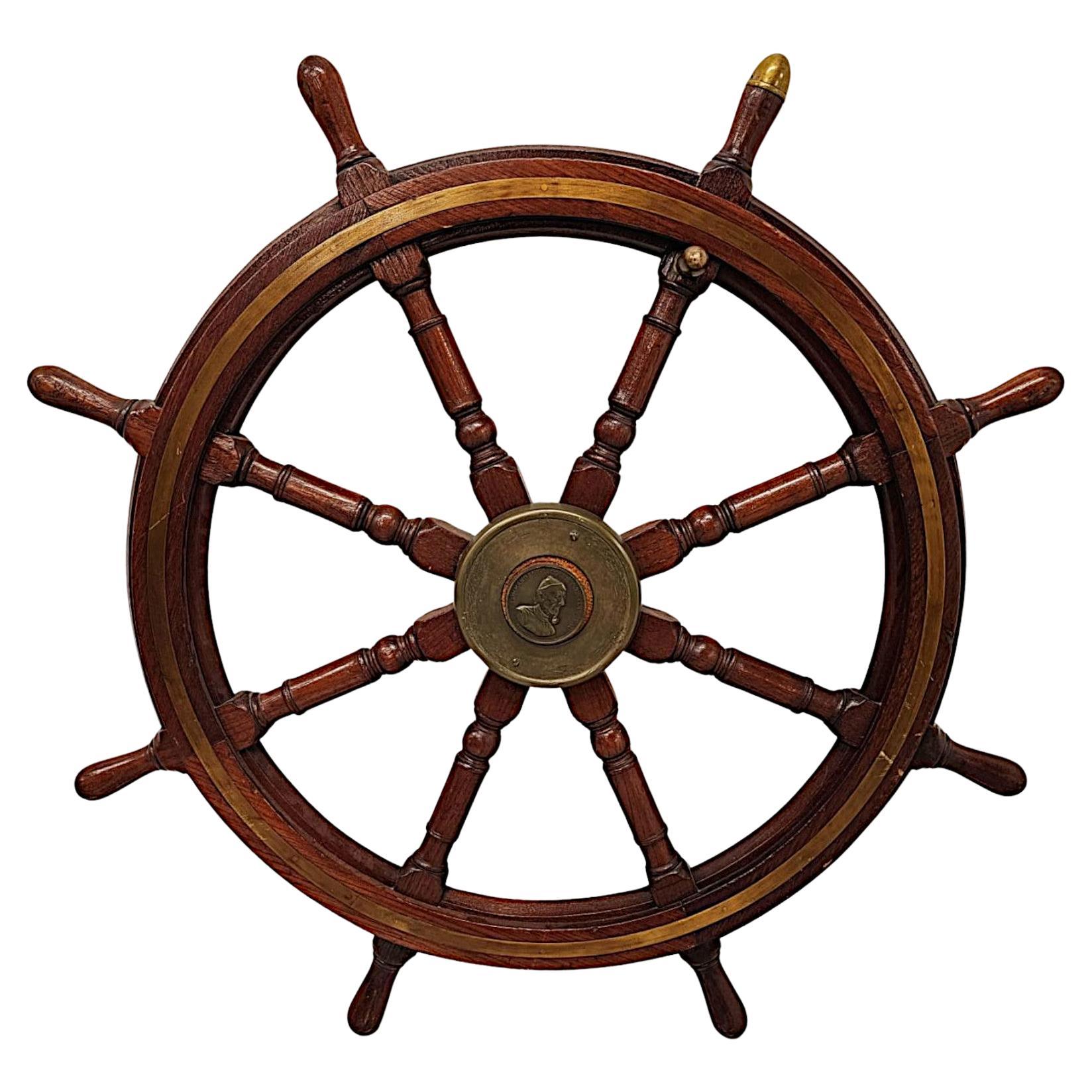  A Very Fine Large Size 19th Century Teak and Brass Ships Wheel  For Sale