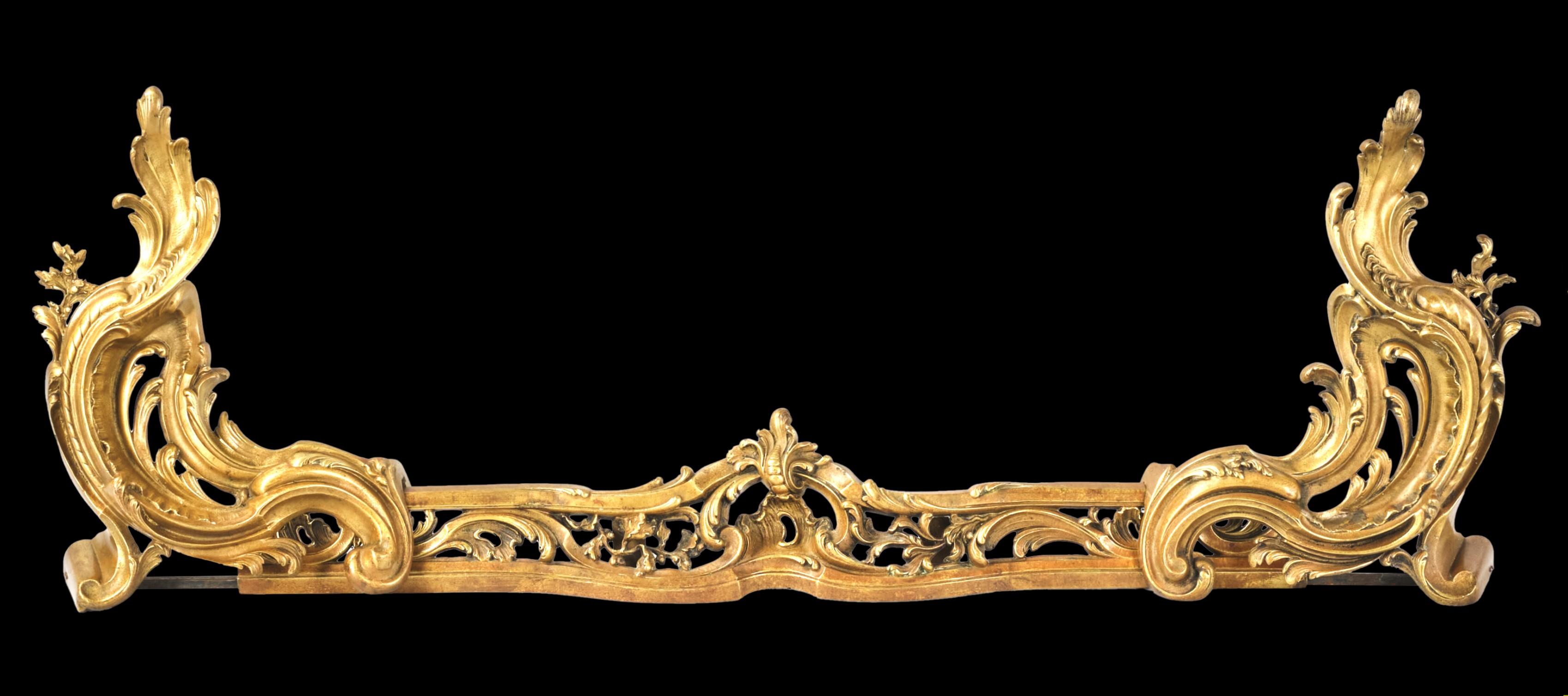 French A Very Fine Louis XV Style Gilt Bronze Extending Fire Fender, France Circa 1890 For Sale