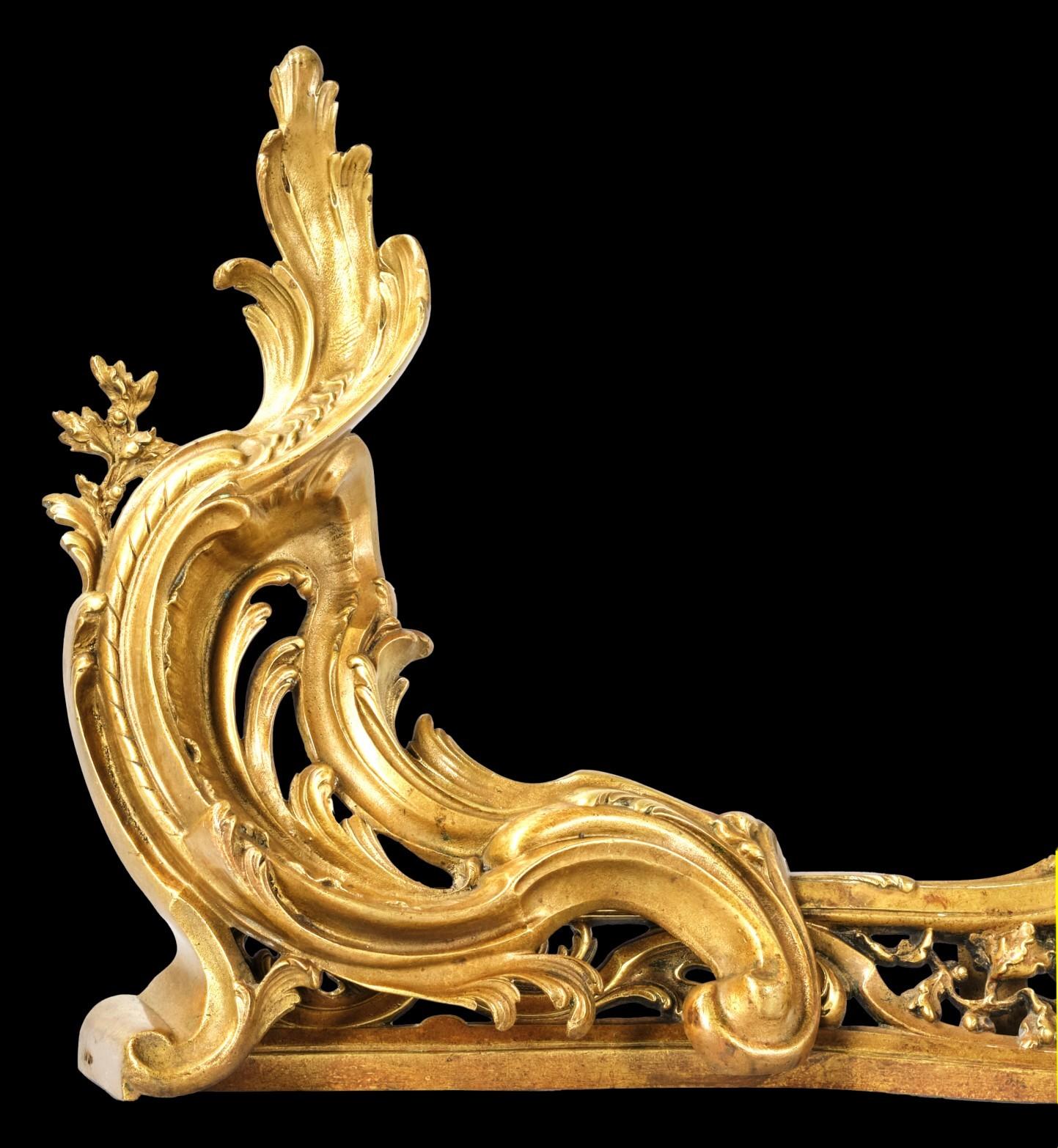 19th Century A Very Fine Louis XV Style Gilt Bronze Extending Fire Fender, France Circa 1890 For Sale