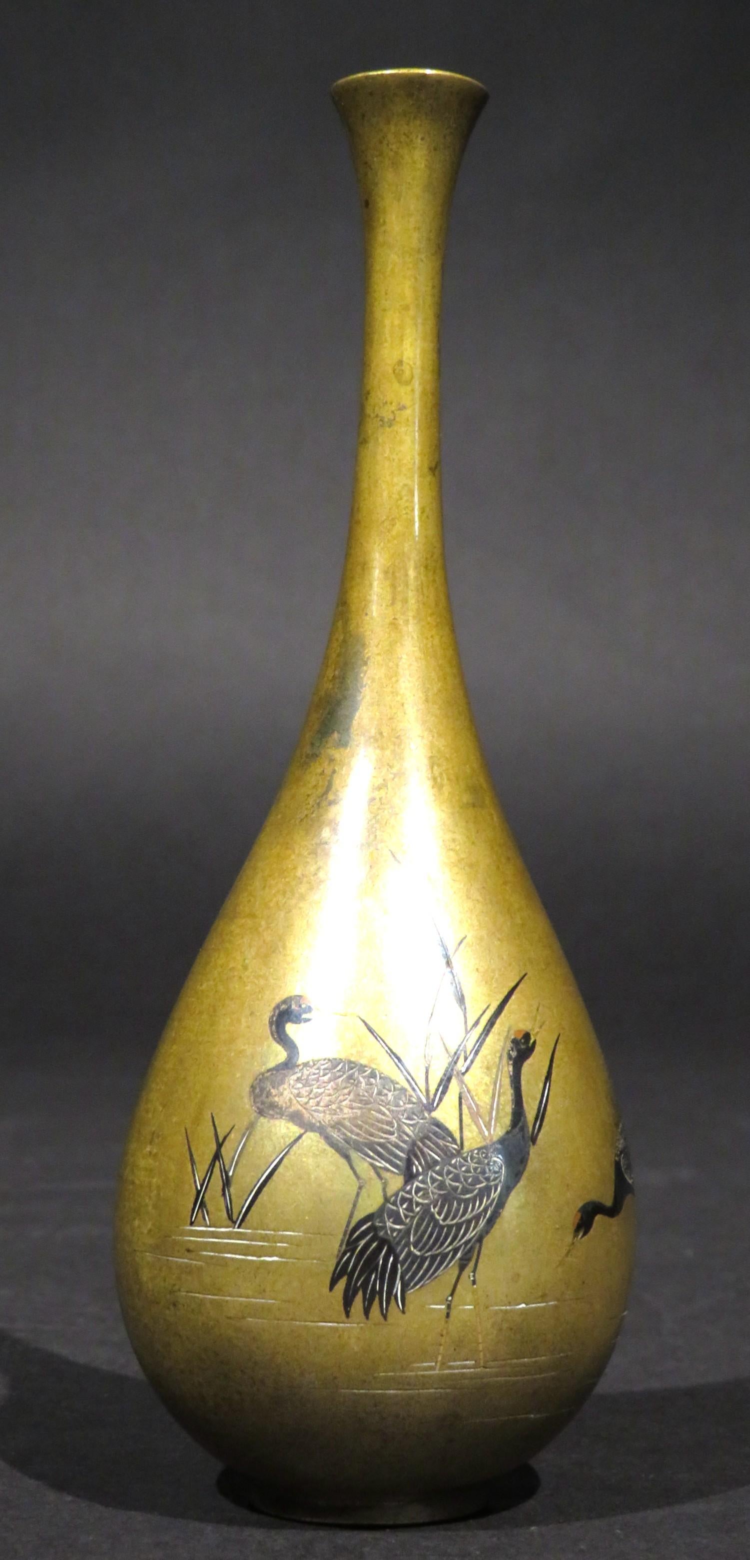 Hand-Crafted A Very Fine Miniature Japanese Mixed Metal Bronze Bottle Vase, Meiji Period For Sale