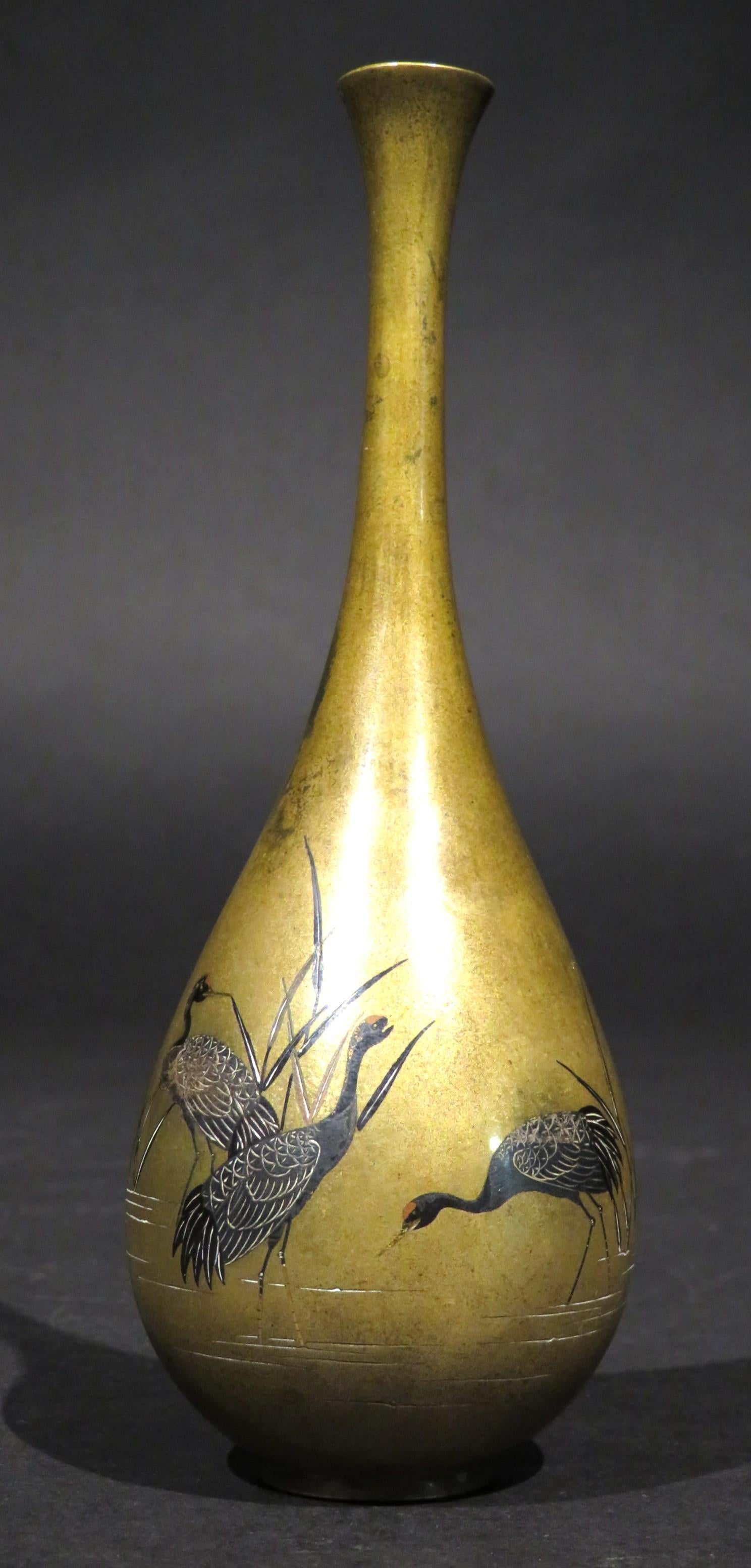 A Very Fine Miniature Japanese Mixed Metal Bronze Bottle Vase, Meiji Period In Good Condition For Sale In Ottawa, Ontario
