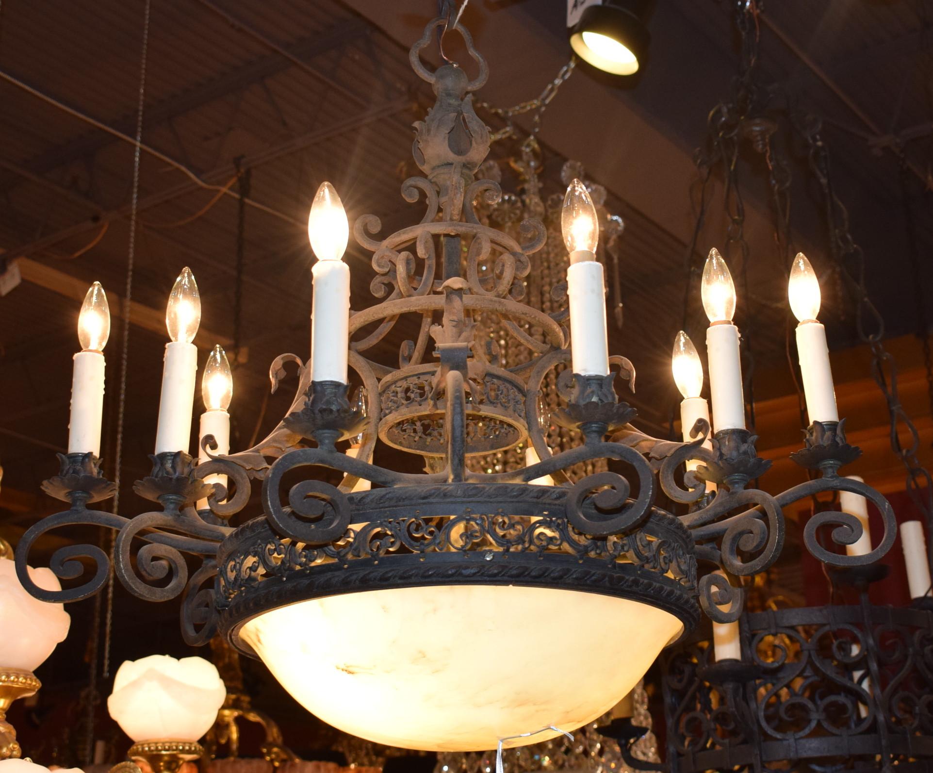 French Very Fine Painted Bronze & Alabaster Chandelier, France, circa 1930 For Sale
