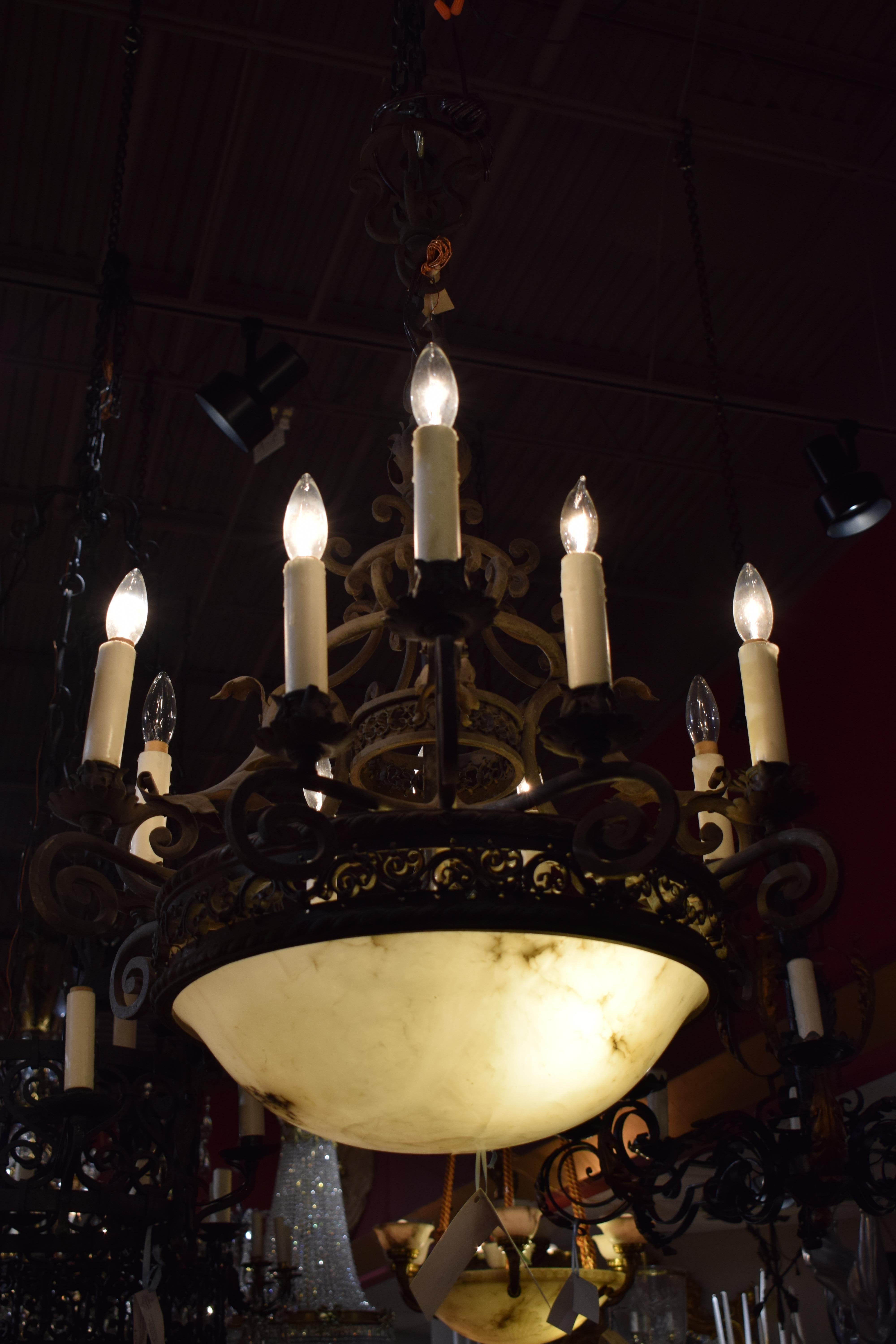 Very Fine Painted Bronze & Alabaster Chandelier, France, circa 1930 For Sale 2