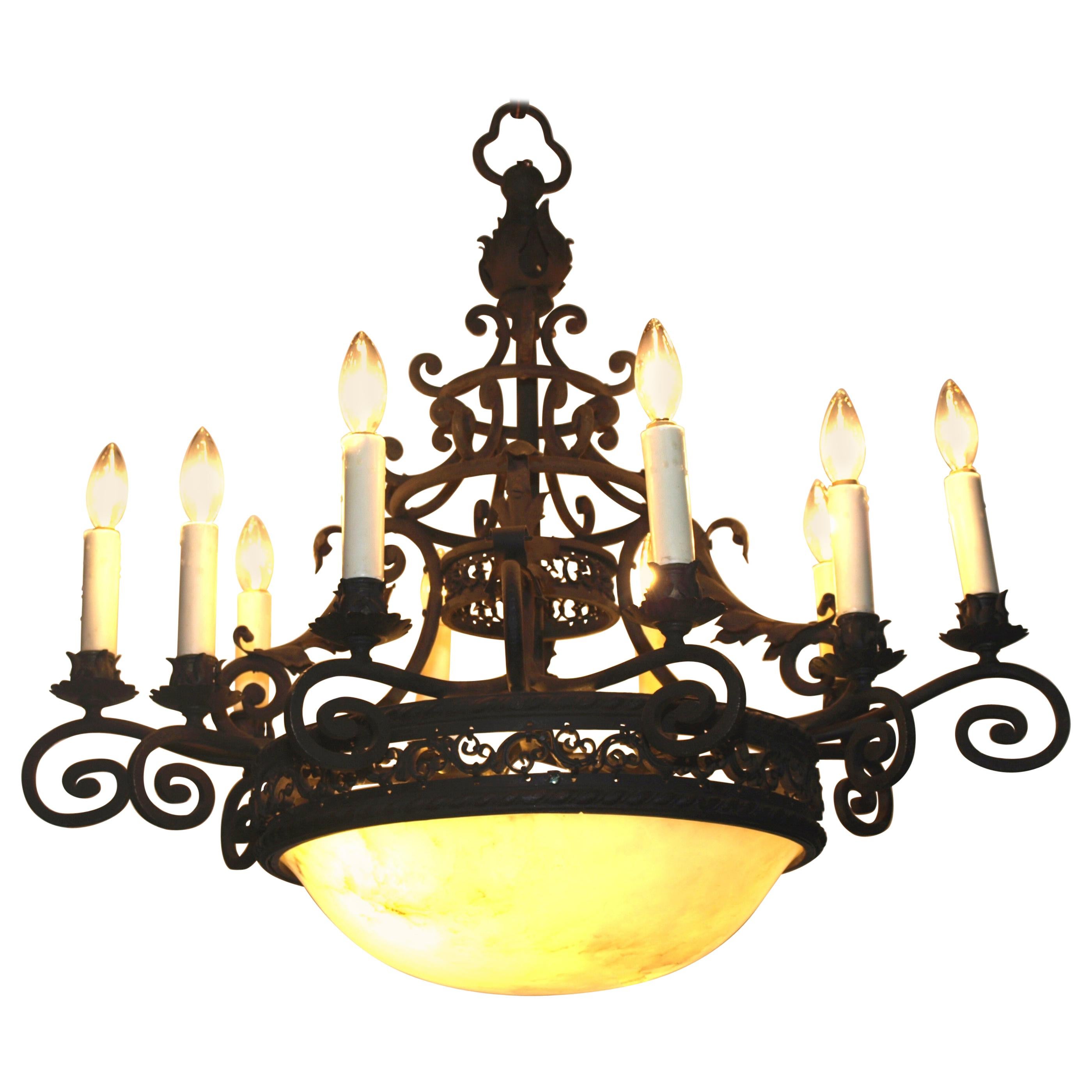 Very Fine Painted Bronze & Alabaster Chandelier, France, circa 1930 For Sale