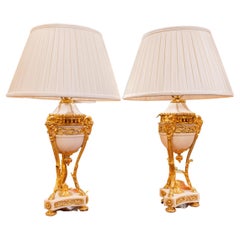 Very Fine Pair of 19th C French Louis XVI Carrara Marble and Gilt Bronze Lamps