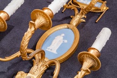 Very Fine Pair of 19th C French Louis XVI Gilt Bronze and Wedgewood Sconces