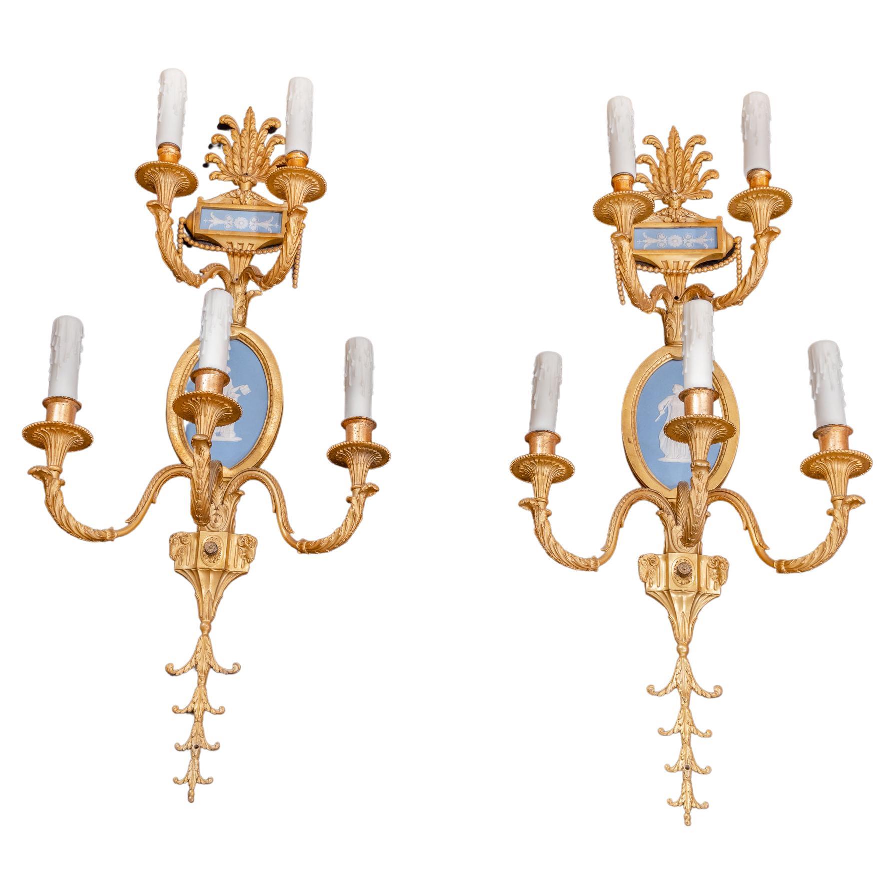 Very Fine Pair of 19th C French Louis XVI Gilt Bronze and Wedgewood Sconces For Sale