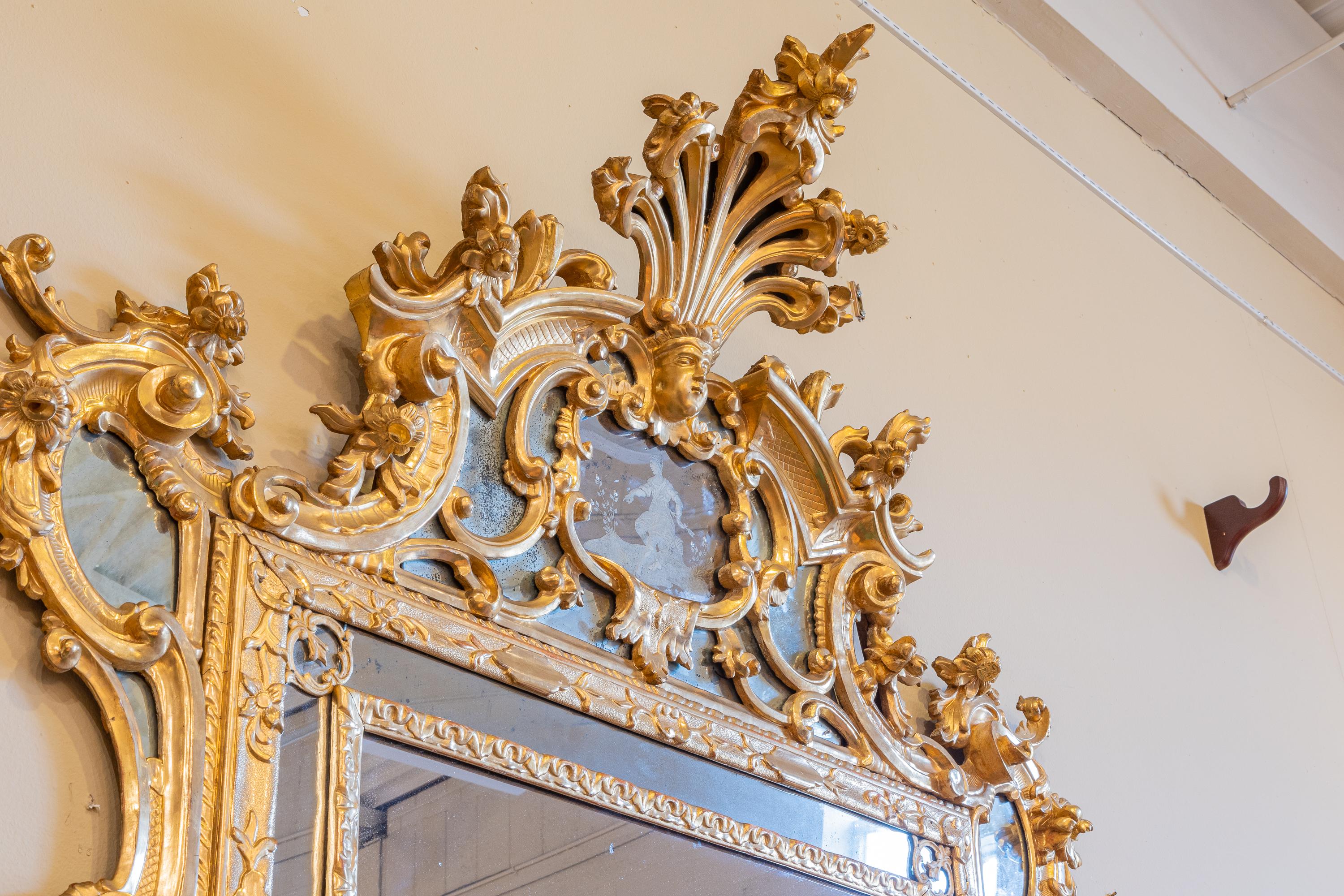 Very Fine Pair of 19th C French Water Gilt Carved and Etched Palatial Mirrors In Good Condition In Dallas, TX
