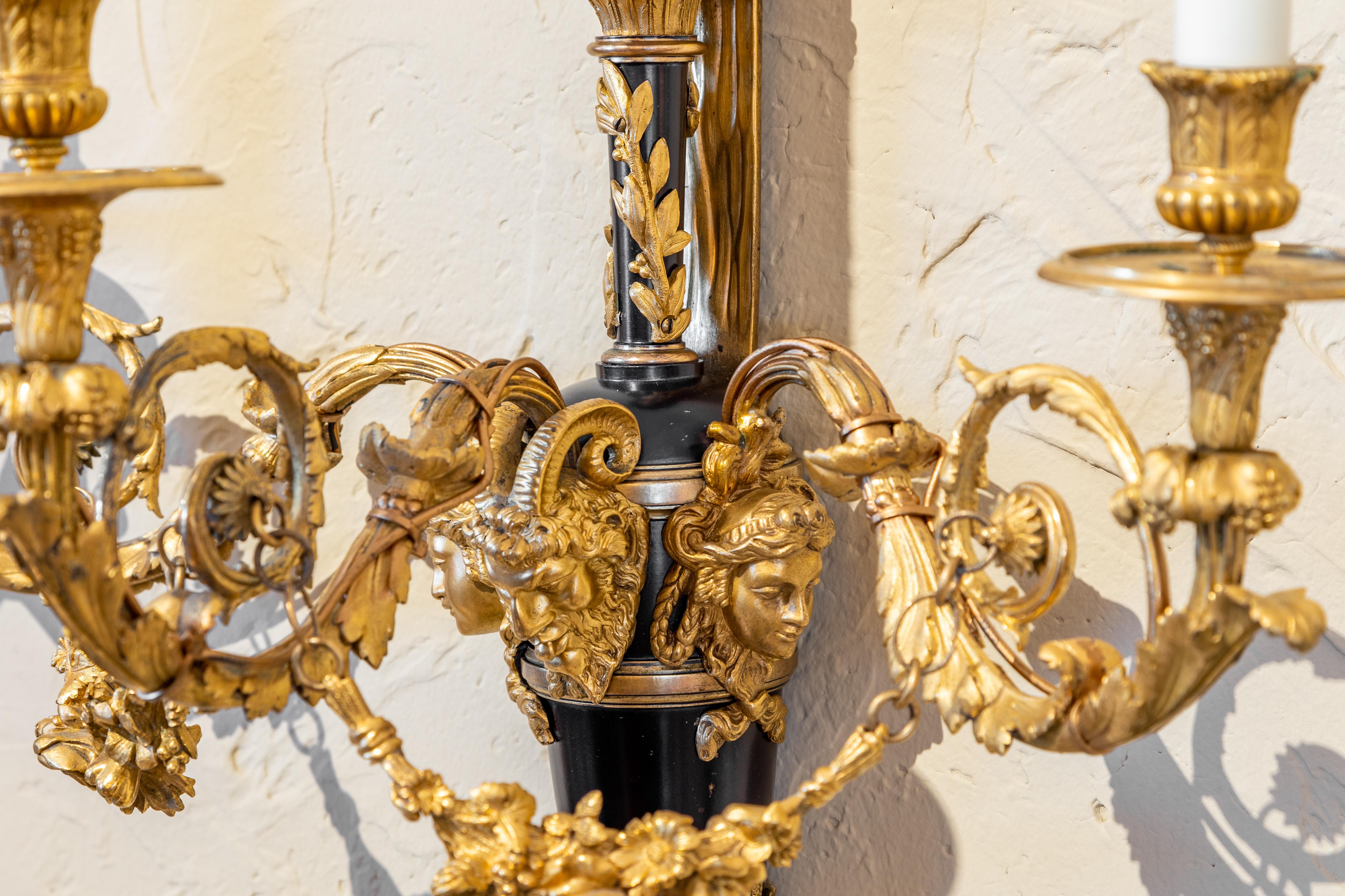 Neoclassical Very Fine Pair of 19th Century French Classical Gilt Bronze Large Sconces