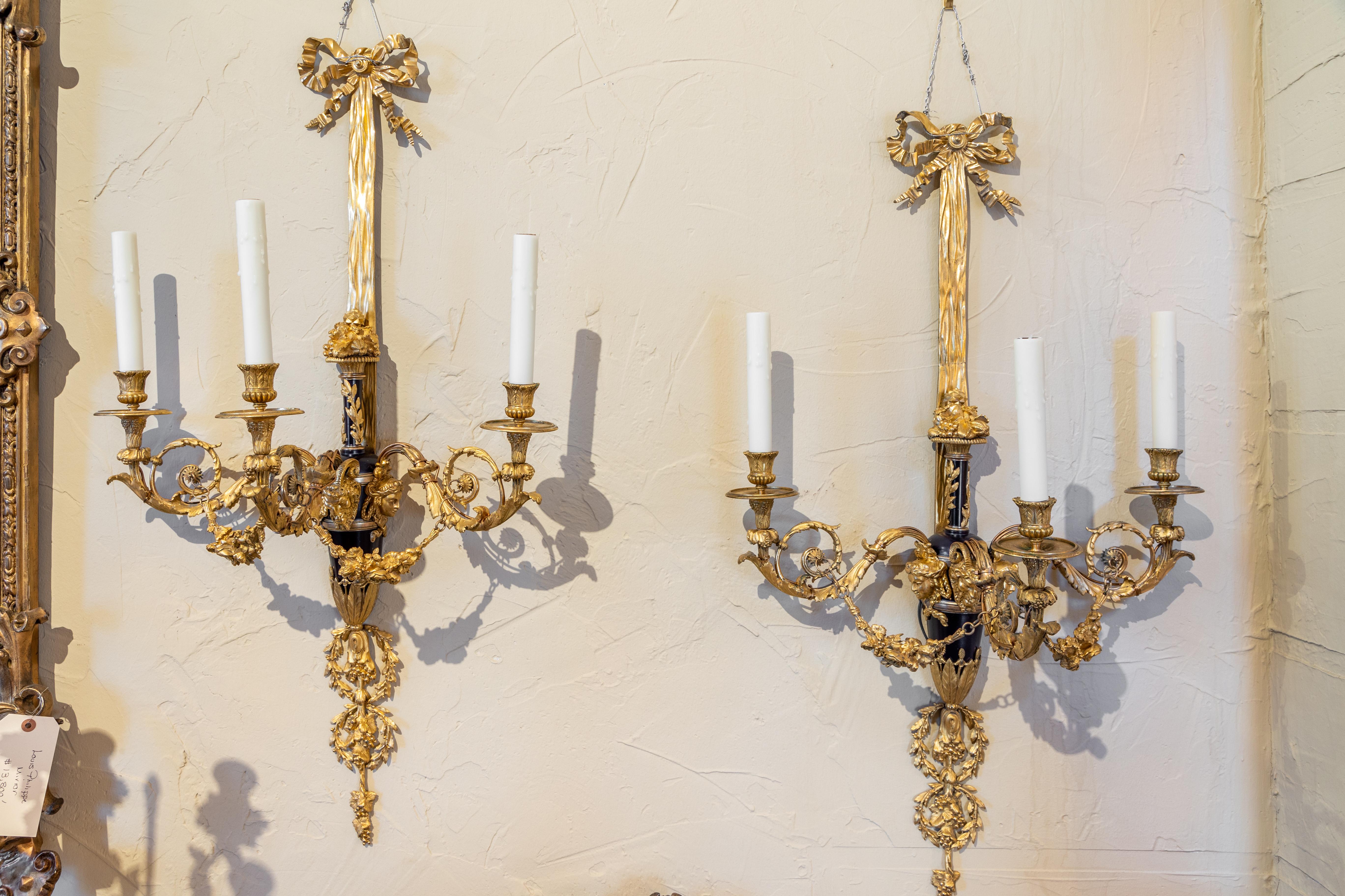 Very Fine Pair of 19th Century French Classical Gilt Bronze Large Sconces 2