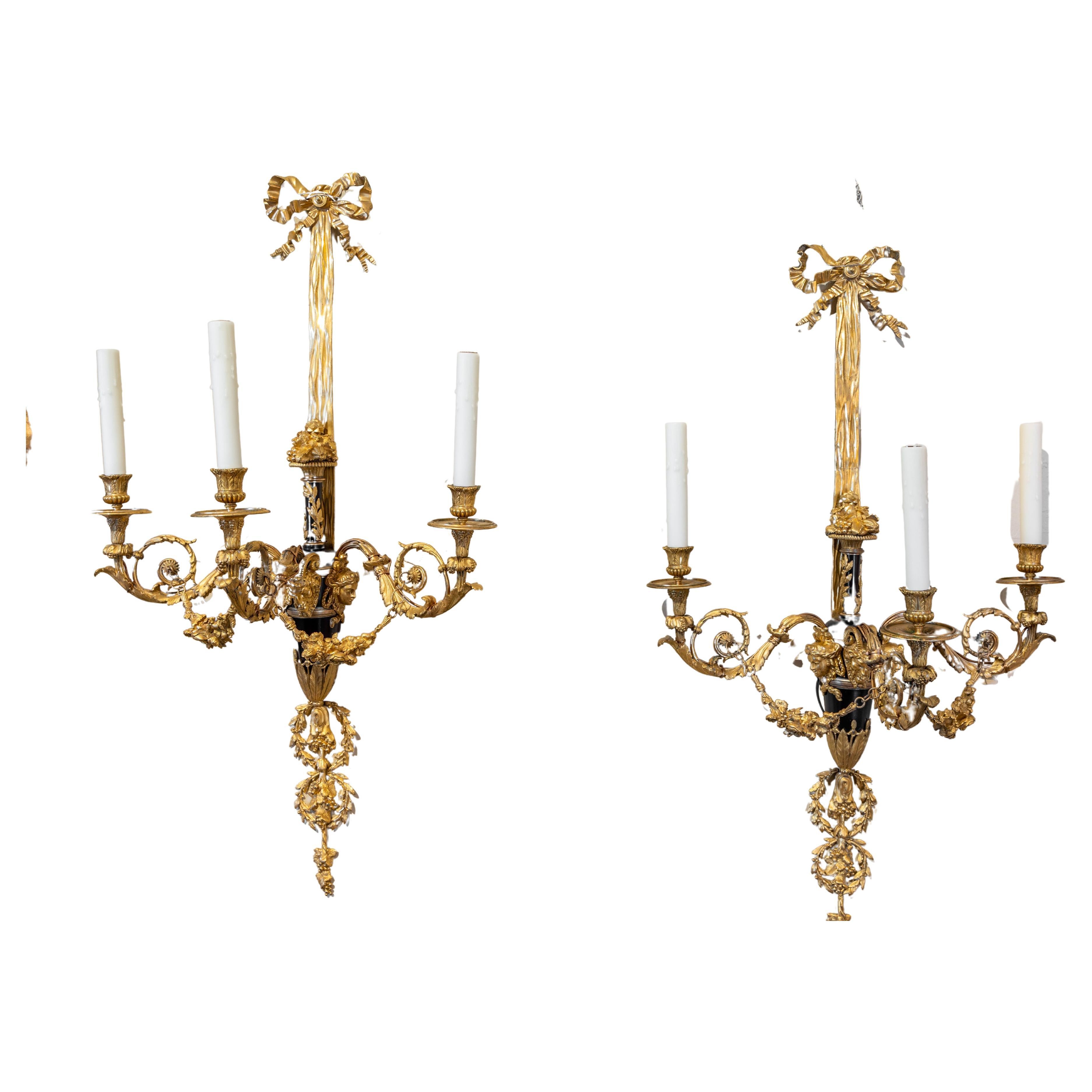 Very Fine Pair of 19th Century French Classical Gilt Bronze Large Sconces