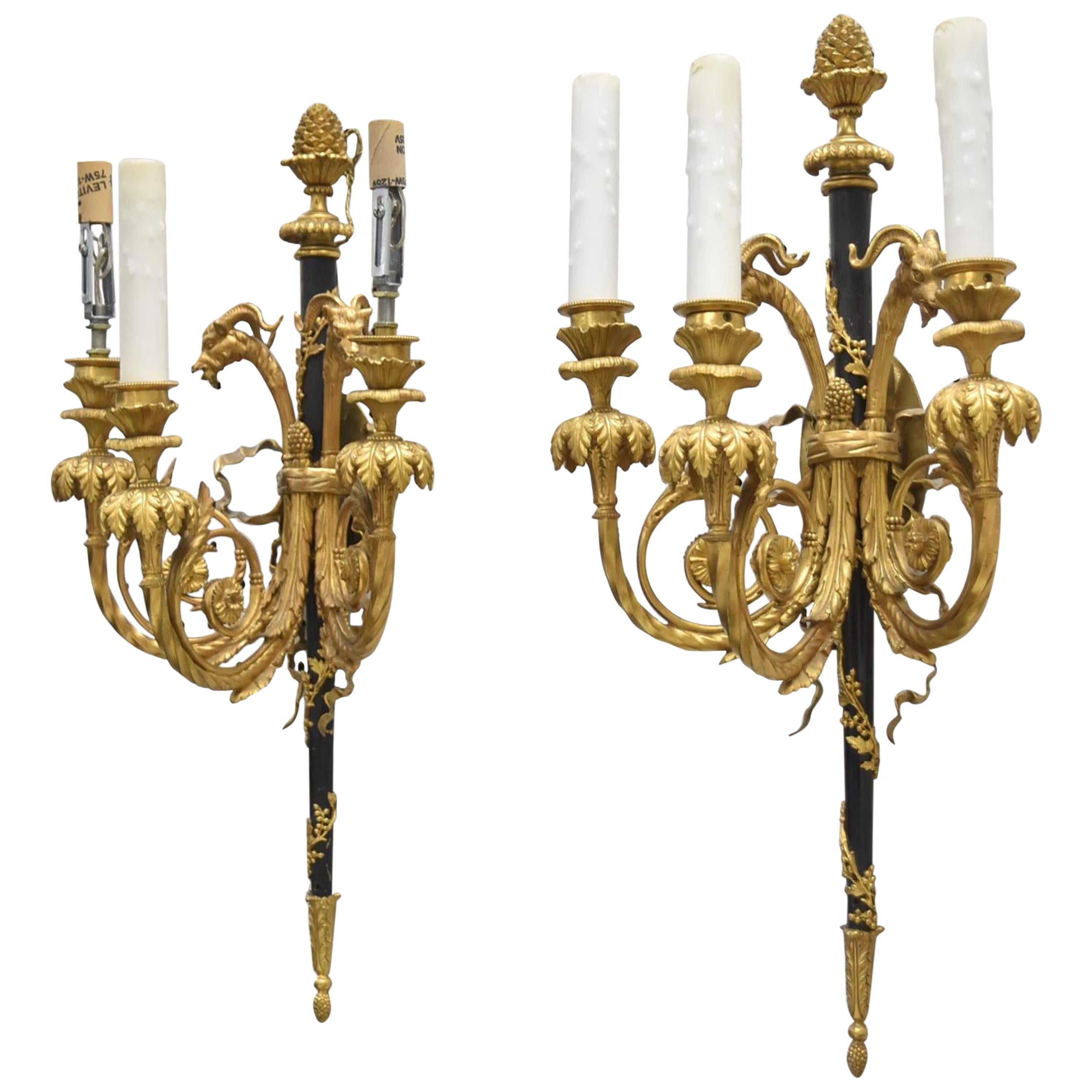 Very Fine Pair of 19th Century French Louis XVI Gilt Bronze Rams Head Sconces For Sale