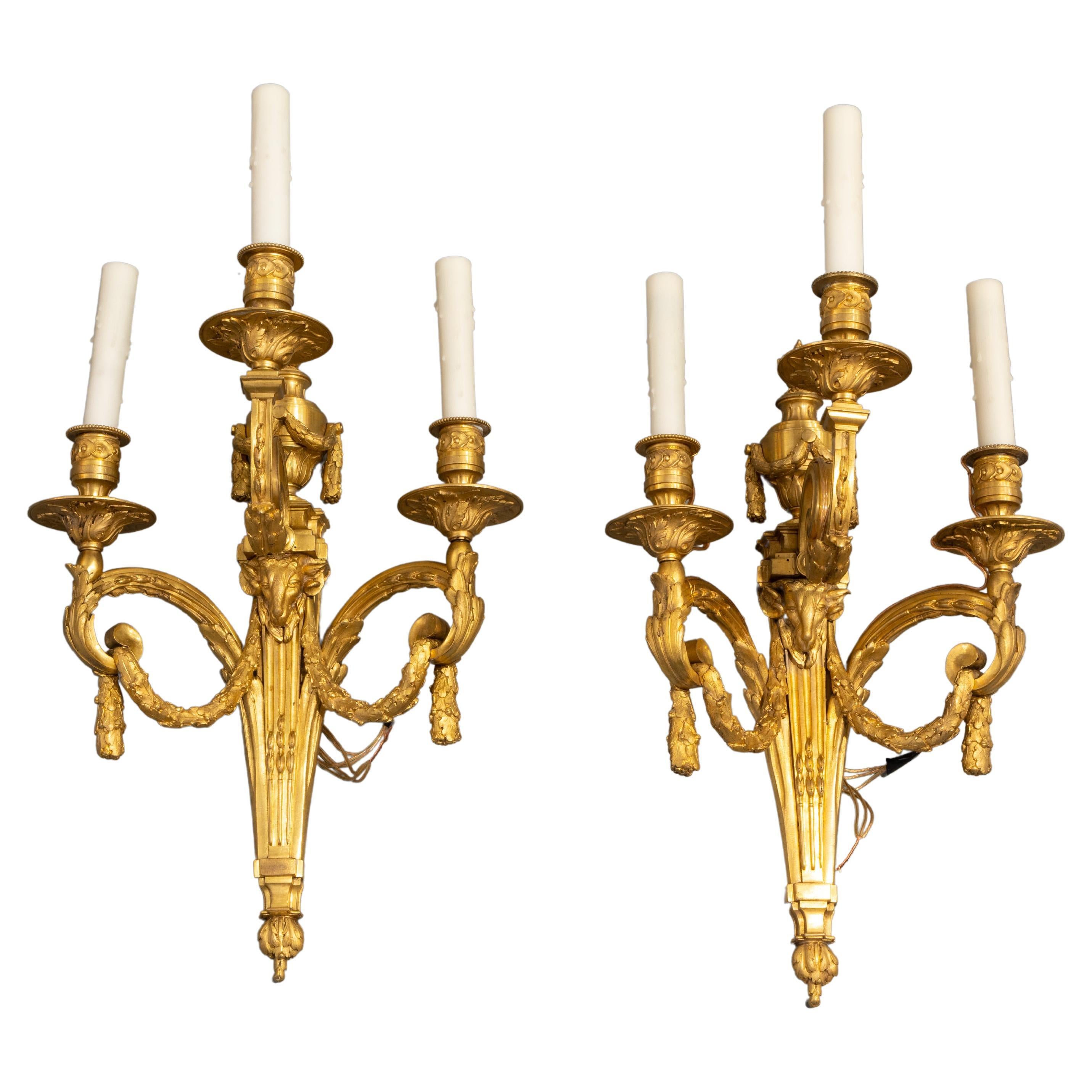 Very Fine Pair of 19th Century French Louis XVI Gilt Bronze Sconces For Sale