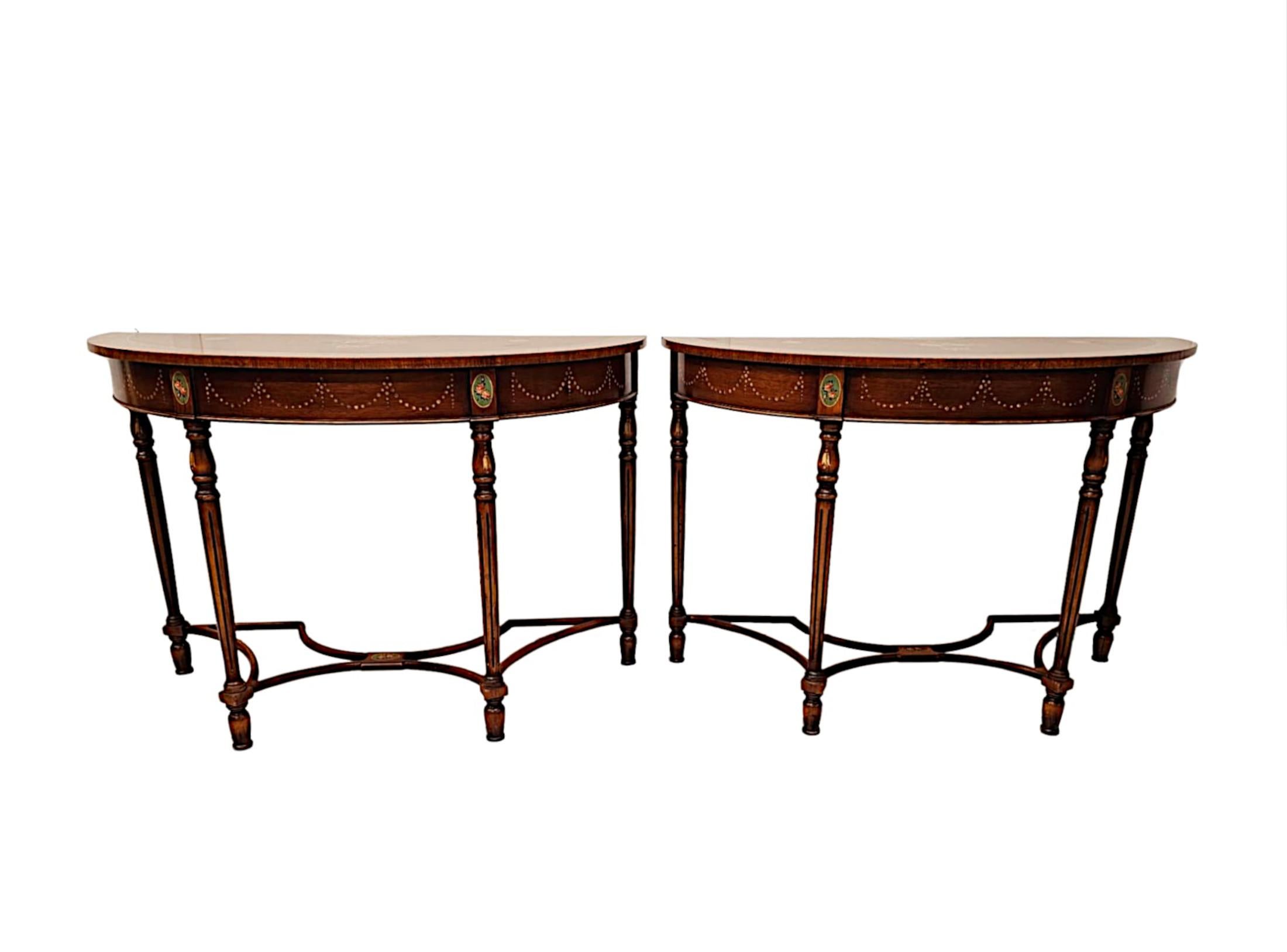 Mahogany A Very Fine Pair of 20th Century Hand Painted Demilune Side Tables For Sale
