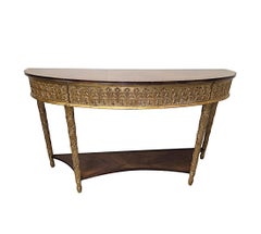 A Very Fine Pair of 20th Century Parcel Gilt and Inlaid Demilune Console Tables