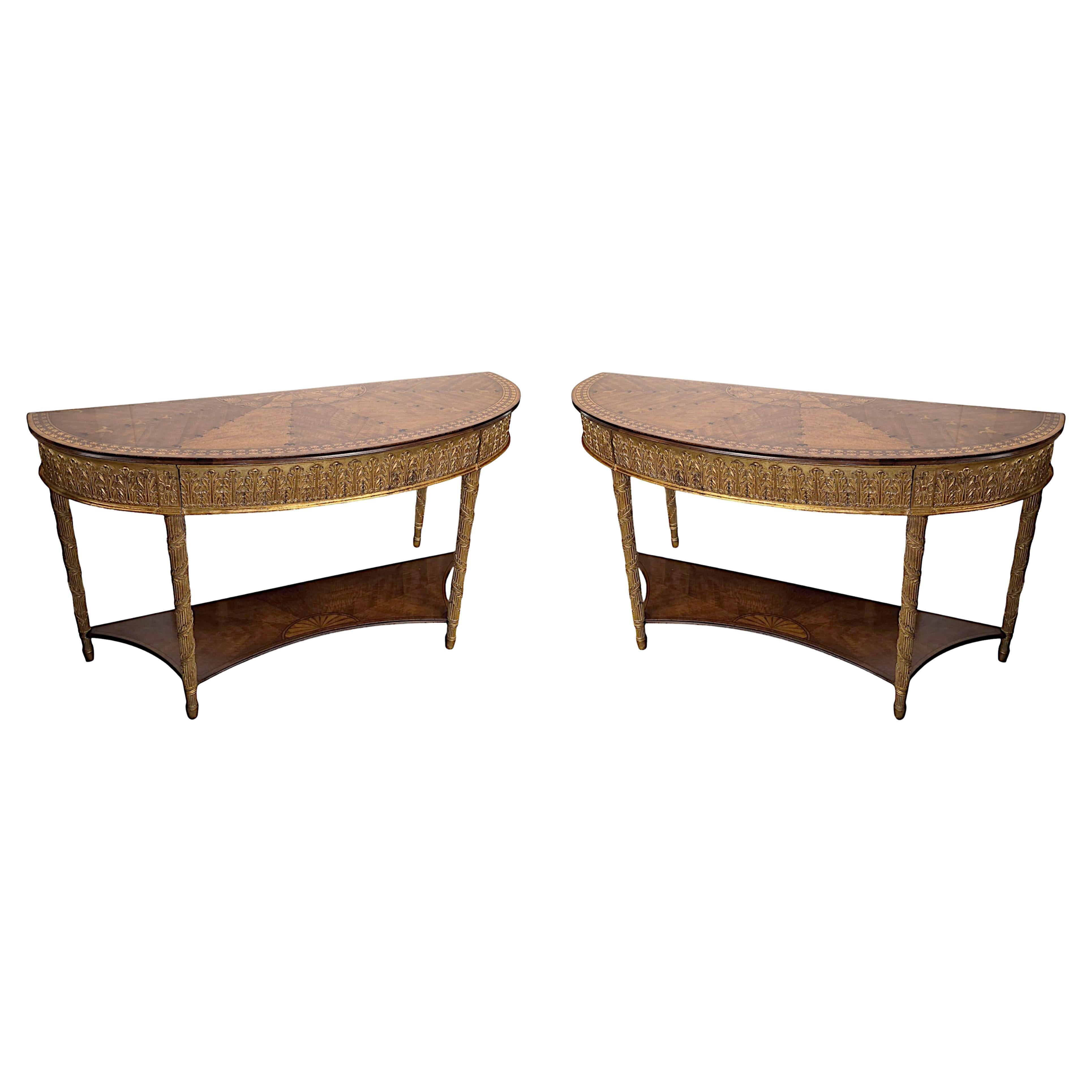 A Very Fine Pair of 20th Century Parcel Gilt and Inlaid Demilune Console Tables For Sale